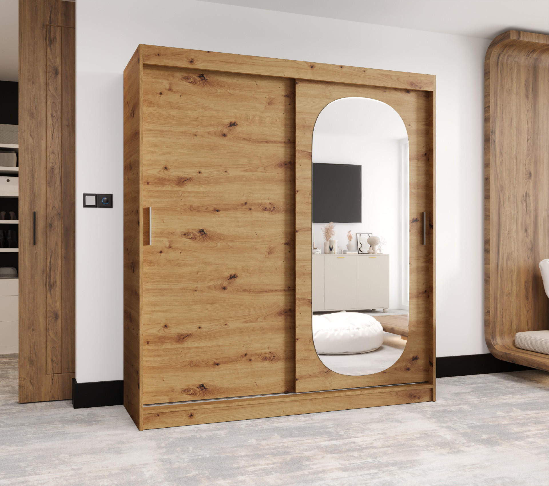SCHWEBETÜRENSCHRANK 200/180/62 2-türig - Silberfarben/Eiche Artisan, Holz (180/200/62cm) - MÖBEL KRYSPOL