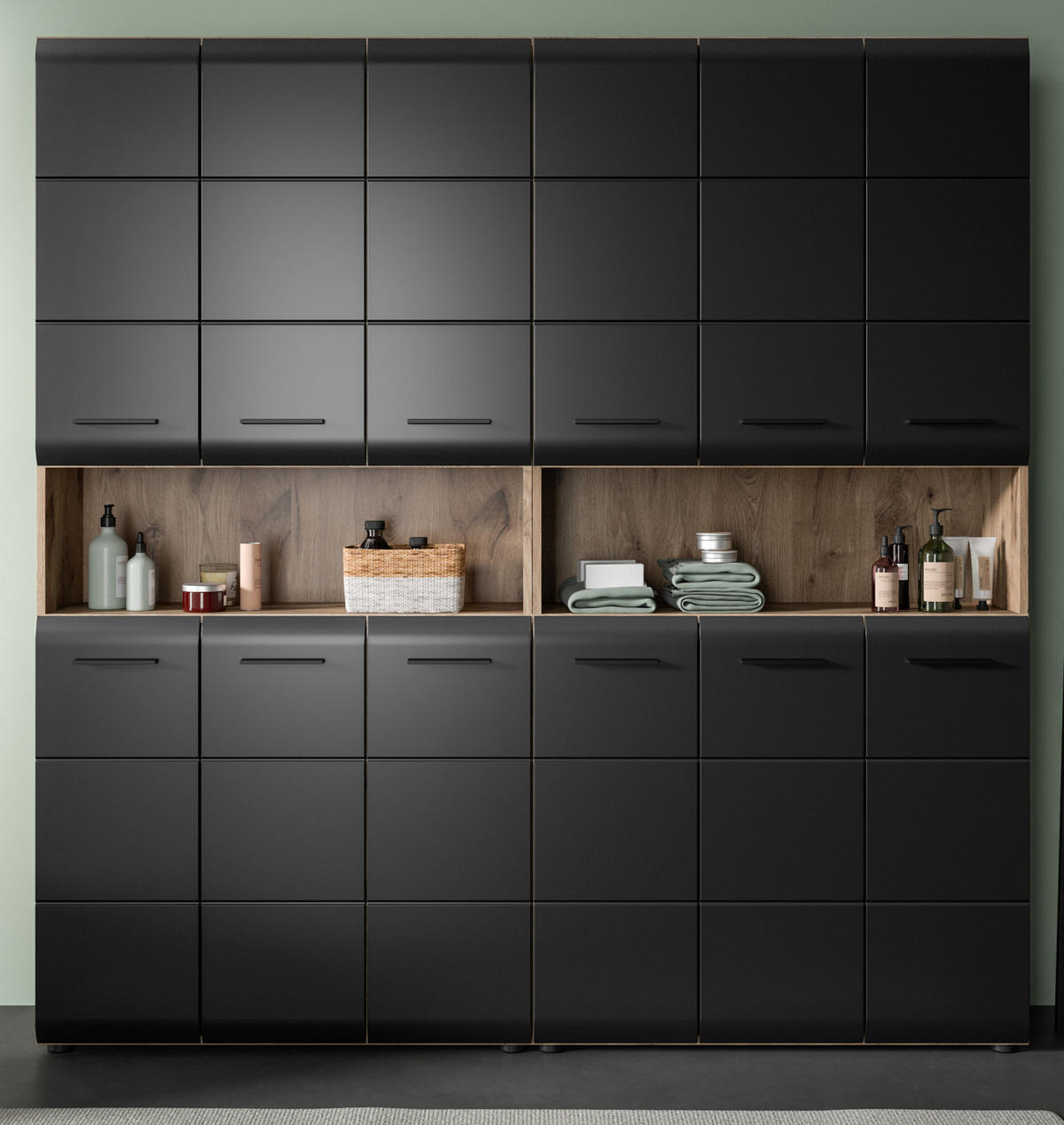 HOCHSCHRANK Badschrank Set Schwarz matt, Eiche 2x Mehrzweckschrank, 12-türig gesamt 180 x 185 cm - Eichefarben/Schwarz, Holzwerkstoff/Kunststoff (180/185/30cm) - Inn.Furn