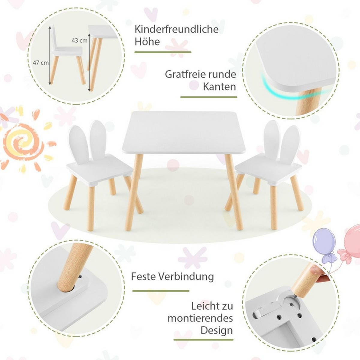 KINDERTISCH mit 2 Stühlen weiß(3-tlg) - Weiß, Holzwerkstoff (62/43/62cm) - COSTWAY