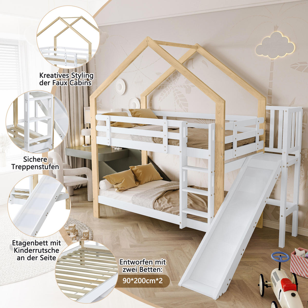 ETAGENBETT 90/200 cm mit Rutsche, Hausdach, Absturzsicherung und 3-stufiger Leiter aus Massivholz und MDF, Weiß/Natur - Weiß, Holzwerkstoff (90/200cm) - Redom