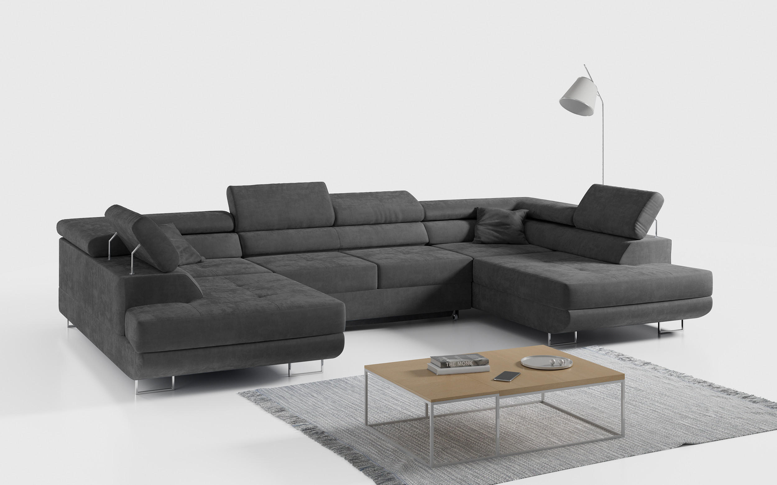 WOHNLANDSCHAFT GUSTAW U Dunkelgrau Velvet - Dunkelgrau/Silberfarben, Textil/Metall (340/55/205cm) - MKS
