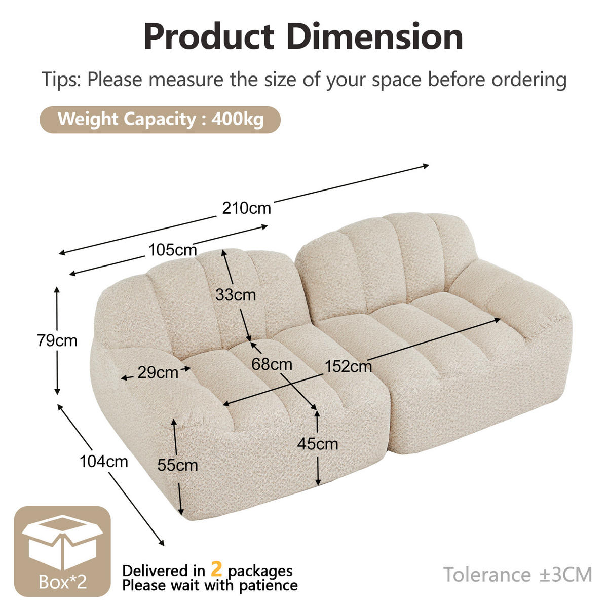 2-SITZER Sofa mit modularer Form und breiter Sitzfläche, ohne Montage erforderlich, Beige - Beige, Textil (210/79/104cm) - Redom