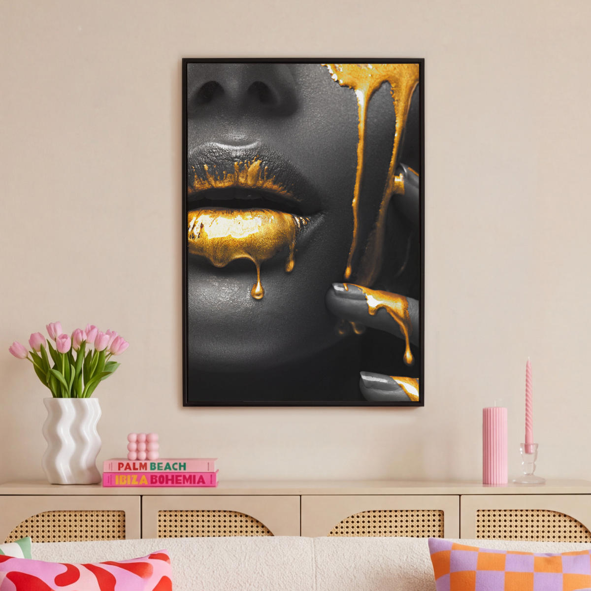 LEINWAND Bilder mit Rahmen - Frau - Schwarz - Gold - Gesicht - Lippen - 60x90 - Goldfarben, Textil (60/90cm) - MuchoWow