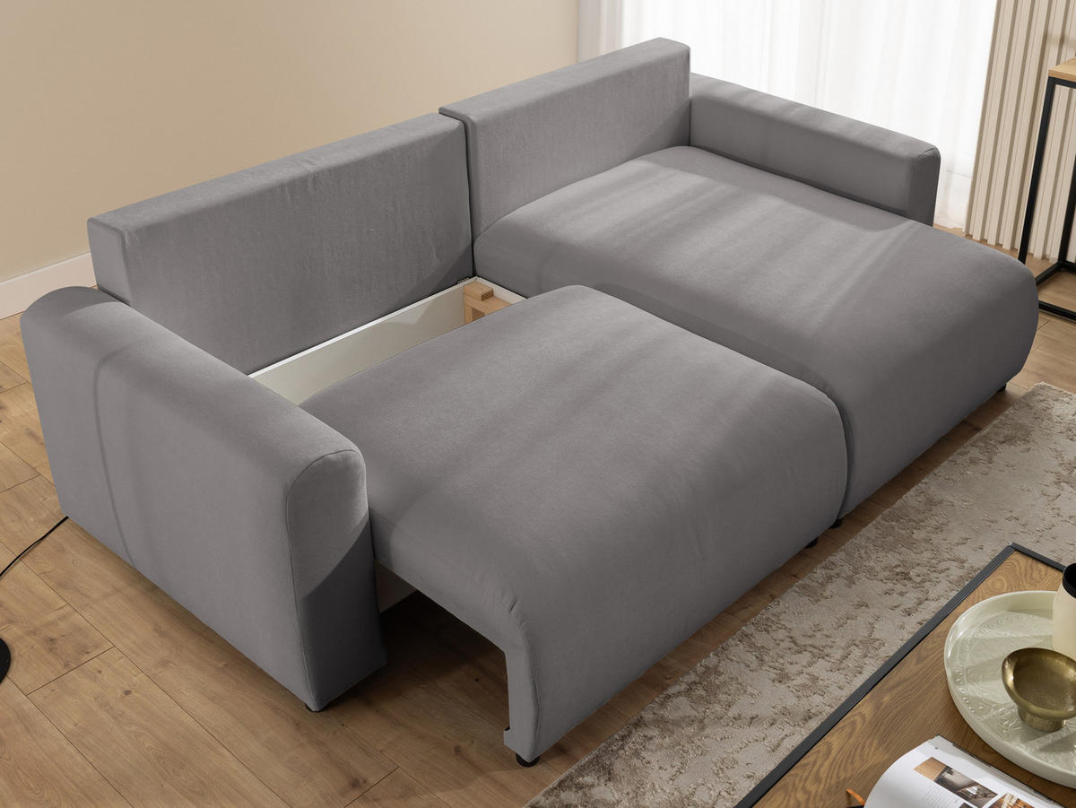 ECKSOFA Calma mit Schlaffunktion und Bettkasten im Bumpy-Design aus weichem Taupe Webstoff - Ottomane rechts - Taupe/Schwarz, Holz/Kunststoff (140/239cm) - S-Style