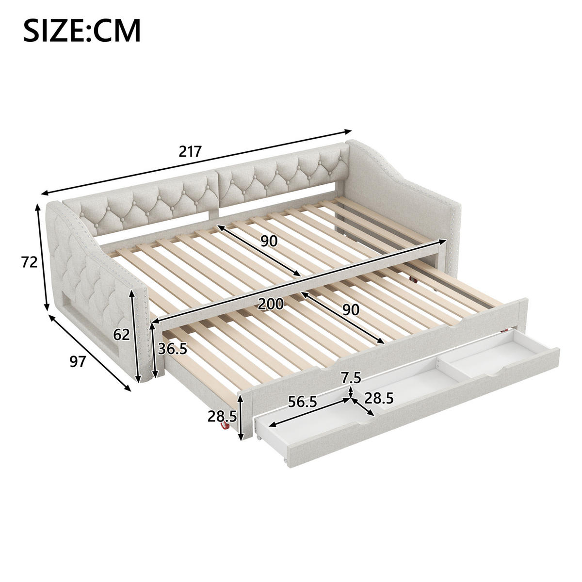 POLSTERBETT 90/200 cm mit LED-Beleuchtung, Ausziehbett und 3 Schubladen, Beige - Beige, Textil (90/200cm) - Redom