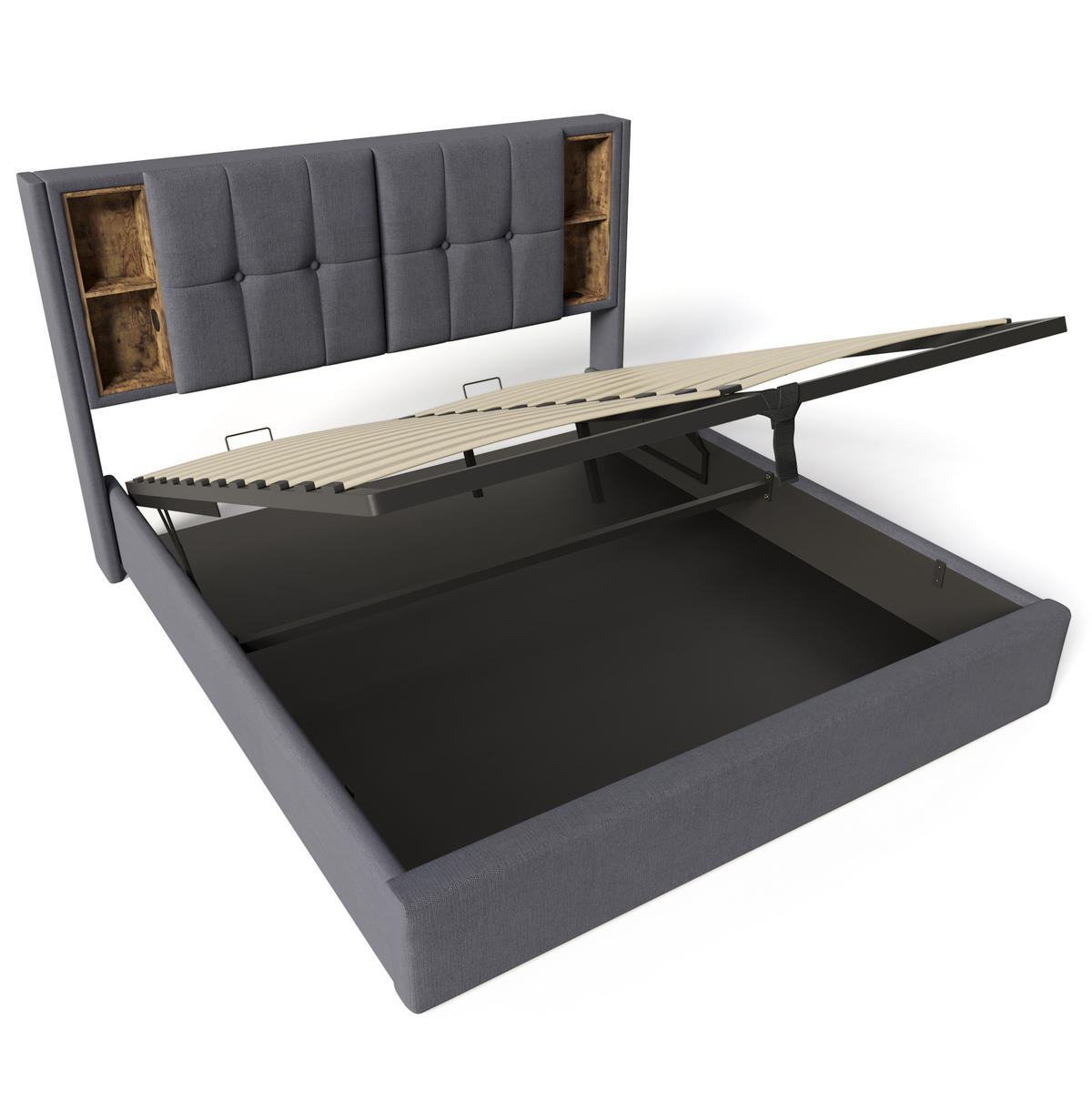 BETT mit Stauraum & Ladestation 140x200 cm Baumwolle Grau - Grau, Metall (140/200cm) - Meubliv