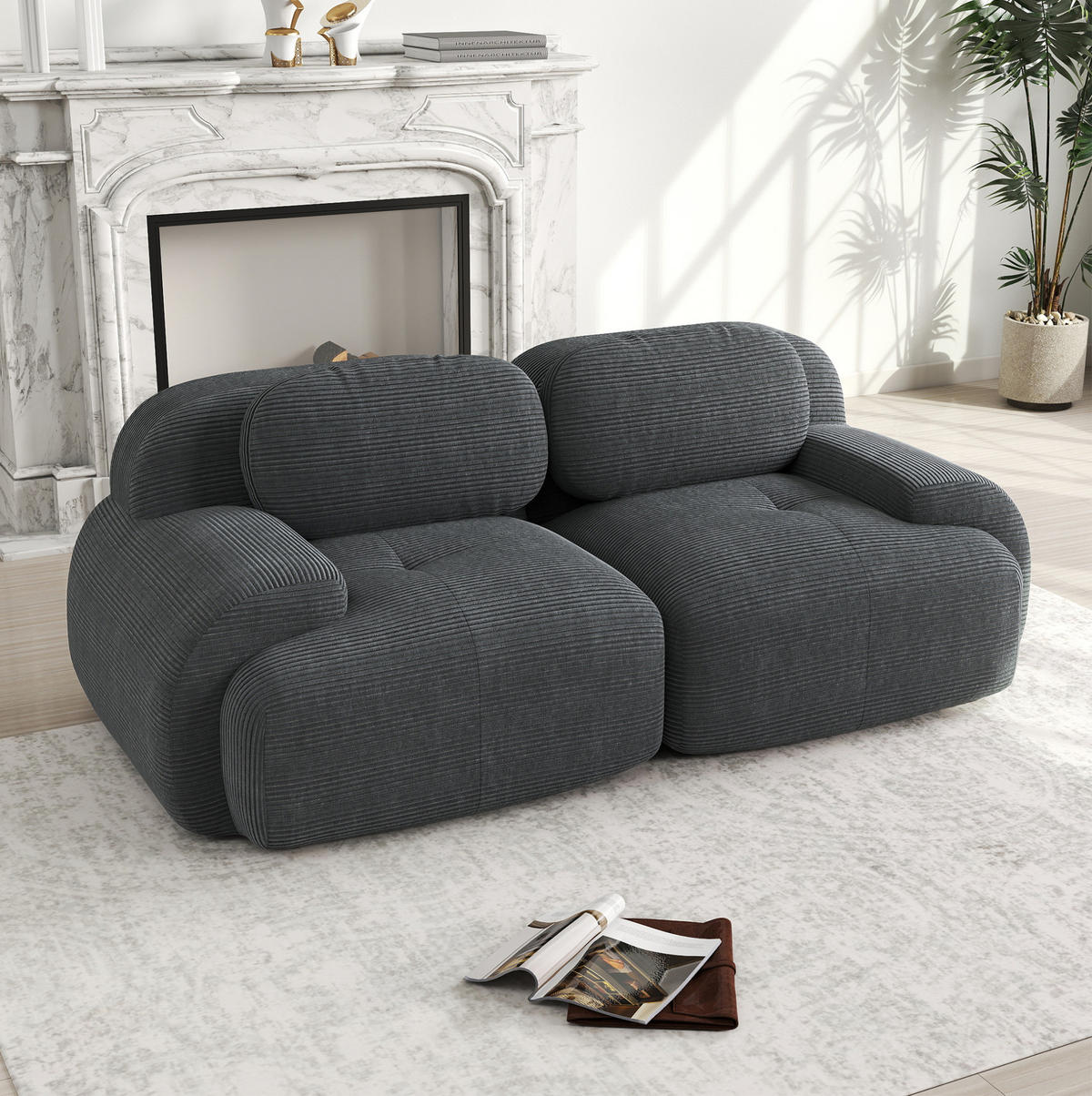 ECKSOFA 208/103/75 cm grau aus Cordstoff rahmenlos mit geschwungenen Armlehnen - Grau, Textil (103/208cm) - OKWISH