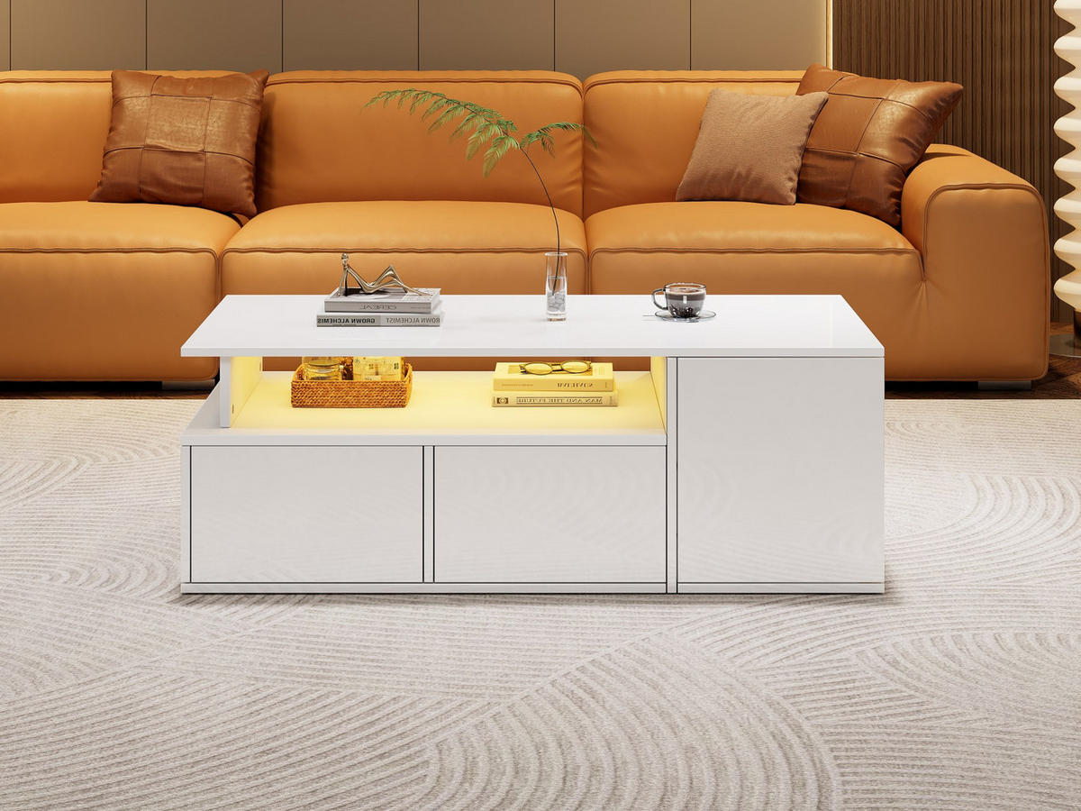 COUCHTISCH aus Spanplatte 100x50x35 cm in Weiß mit LED-Beleuchtung - Weiß, Holzwerkstoff (100/50/35cm) - Modfu