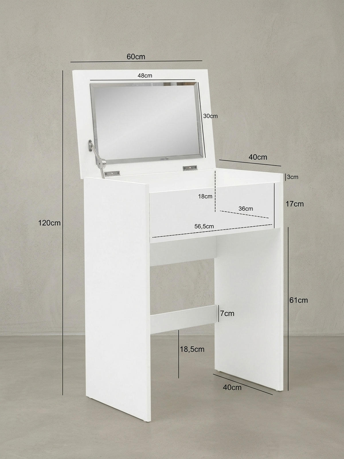 SCHMINKTISCH – Weiß, Klappspiegel & Hocker, Melaminharzbeschichtung, pflegeleicht & modern - Schwarz/Weiß, Holz/Textil (60/81/40cm) - KADIMA DESIGN