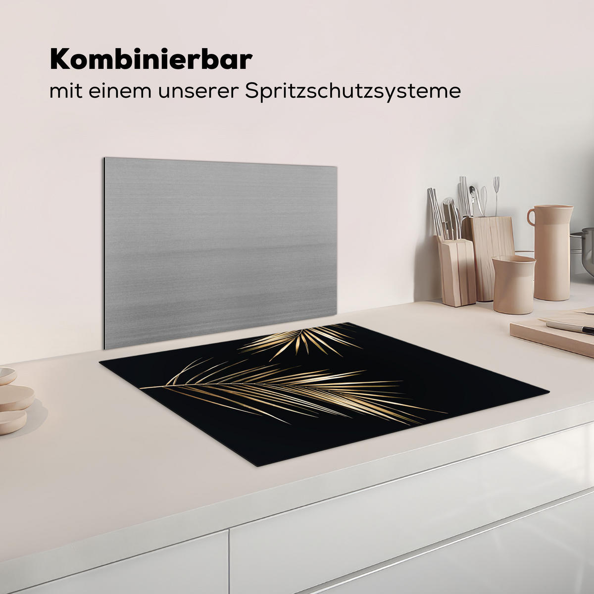 HERDABDECKPLATTE Blätter - Pflanzen - Gold - Schwarz - Luxus Herdabdeckung Induktionsfeld 65x52 cm - Goldfarben, Kunststoff (65/52/0.2cm) - MuchoWow