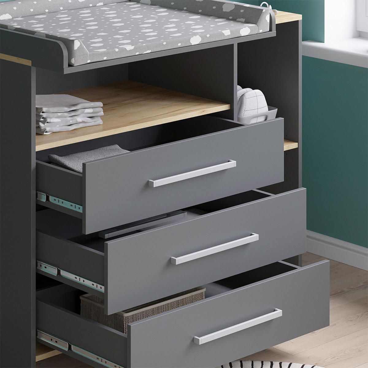 WICKELKOMMODE Oskar Anthrazit/Goldkraft Eiche 113 x 93 cm mit 3 Schubladen - Honigeiche/Anthrazit, Holzwerkstoff (113/93/53.1cm) - Vicco