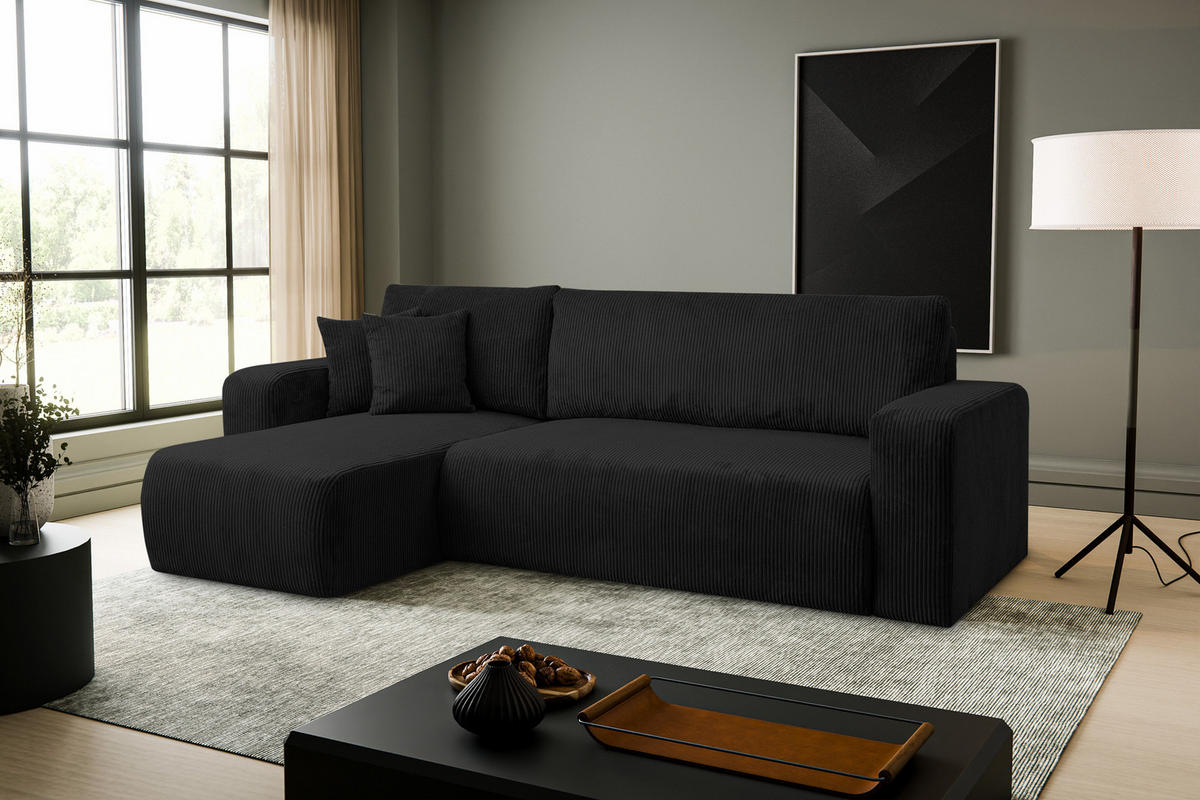 ECKSOFA LUNA mit Schlaffunktion und Bettkasten Cord-Stofff (Schwarz) - Schwarz, Textil (244/142cm) - VENASI MÖBEL
