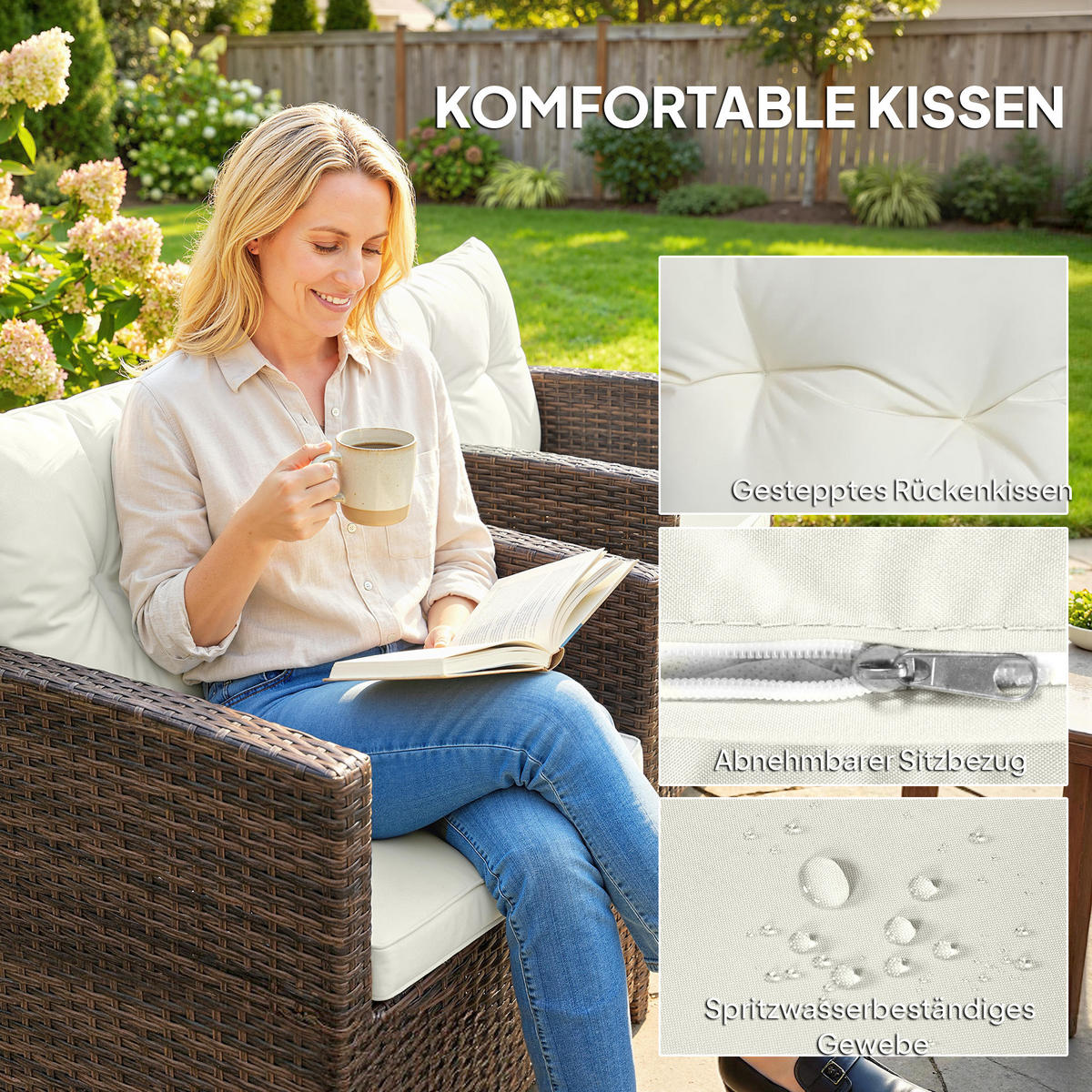 BISTROSET 3er Set PE-Rattan Stahl Cremeweiß - Creme/Schwarz, Kunststoff/Textil - Outsunny