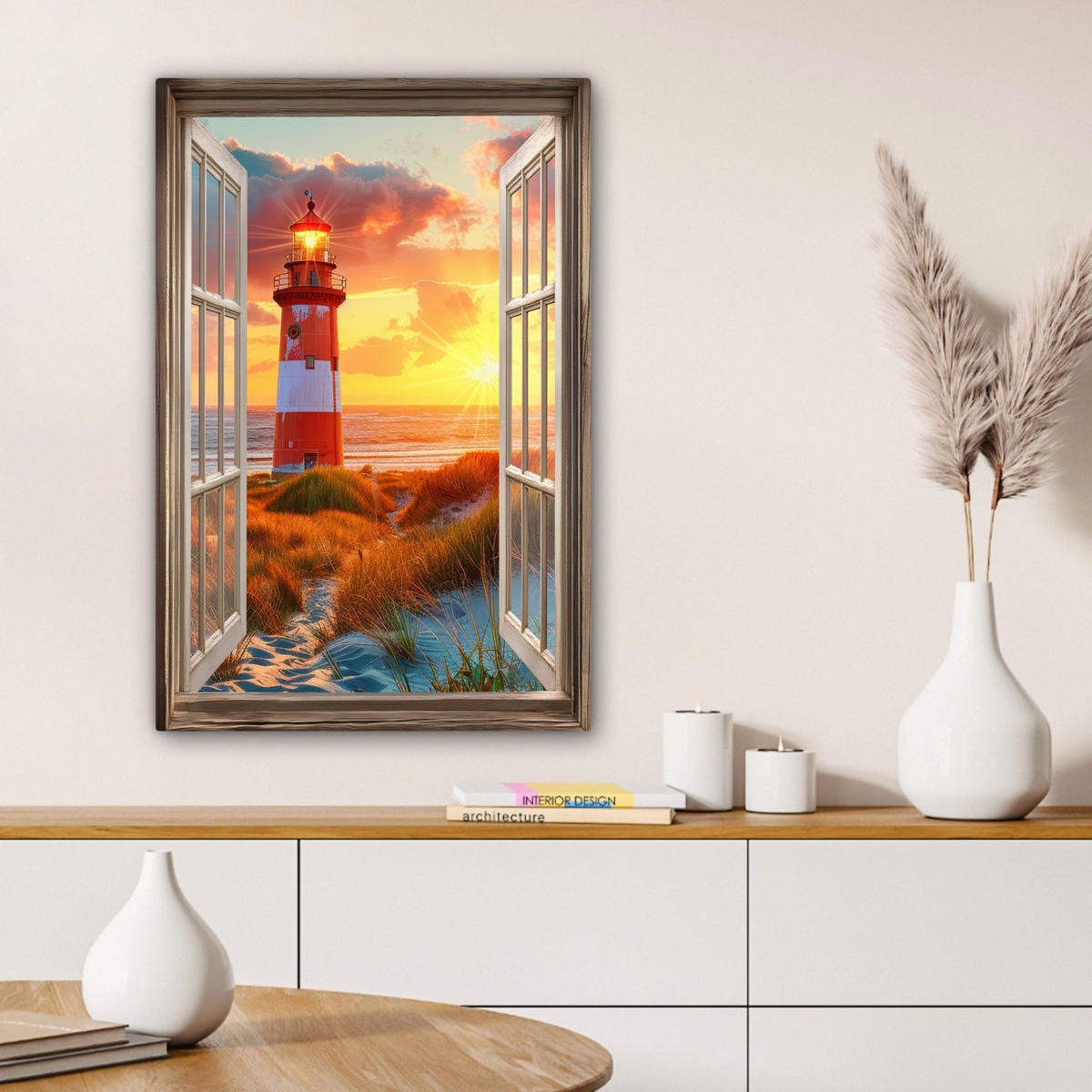 LEINWANDBILD Aussicht - Fenster - Leuchtturm - Sonnenuntergang - Strand 40x60 cm - Dunkelorange, Textil (40/60cm) - MuchoWow