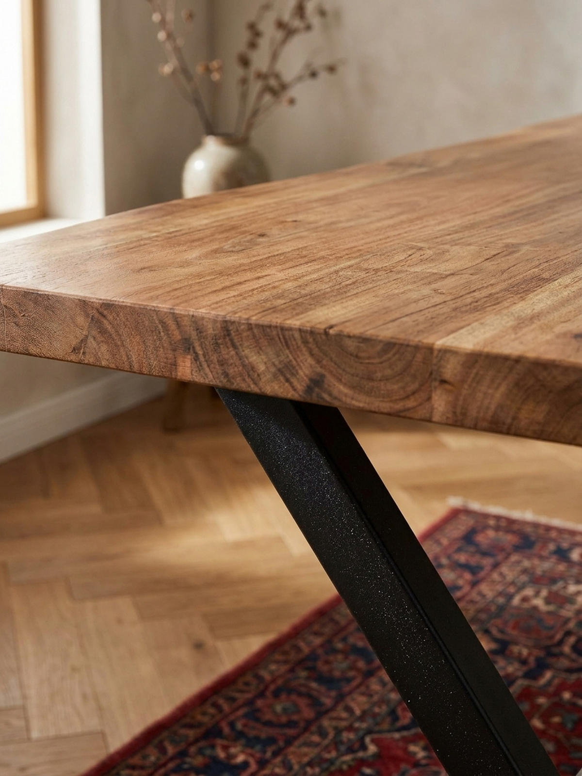 SCHREIBTISCH Massivholz X-Gestell Baumkante Handgefertigt KRETA, Goldbraun-Schwarz 140x80x76 cm - Schwarz/Braun, Holz/Metall (80/140/76cm) - KADIMA DESIGN