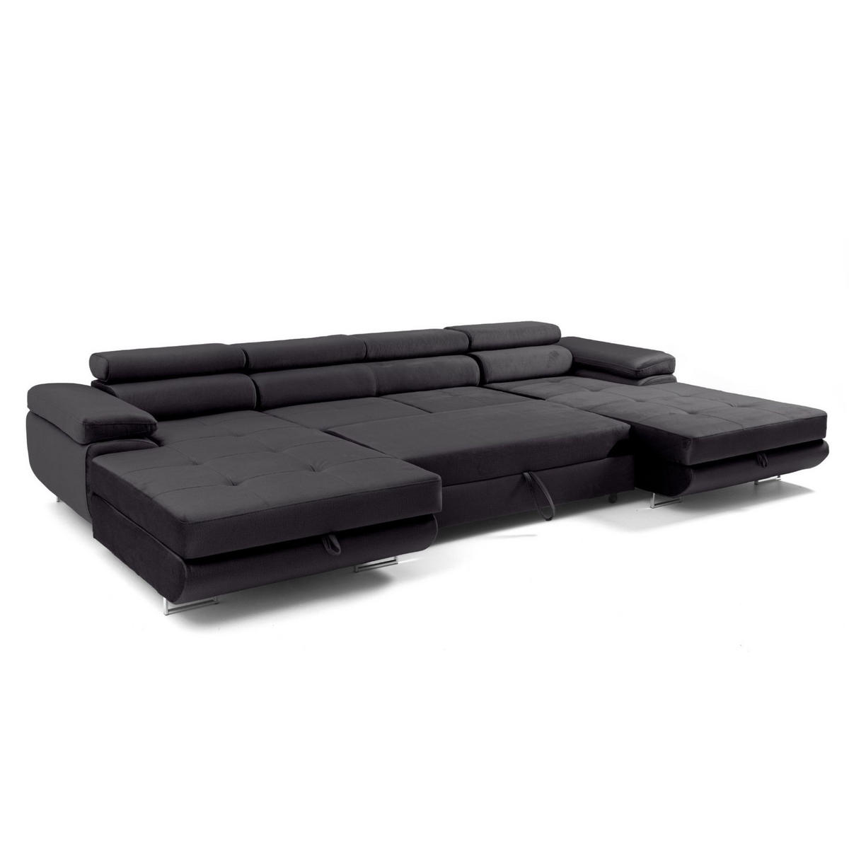 ECKSOFA U-Form ALONZO U mit Schlaffunktion 130x280 Velours Schwarz - Silberfarben/Schwarz, Holz/Textil (350/90/203cm) - Muffo