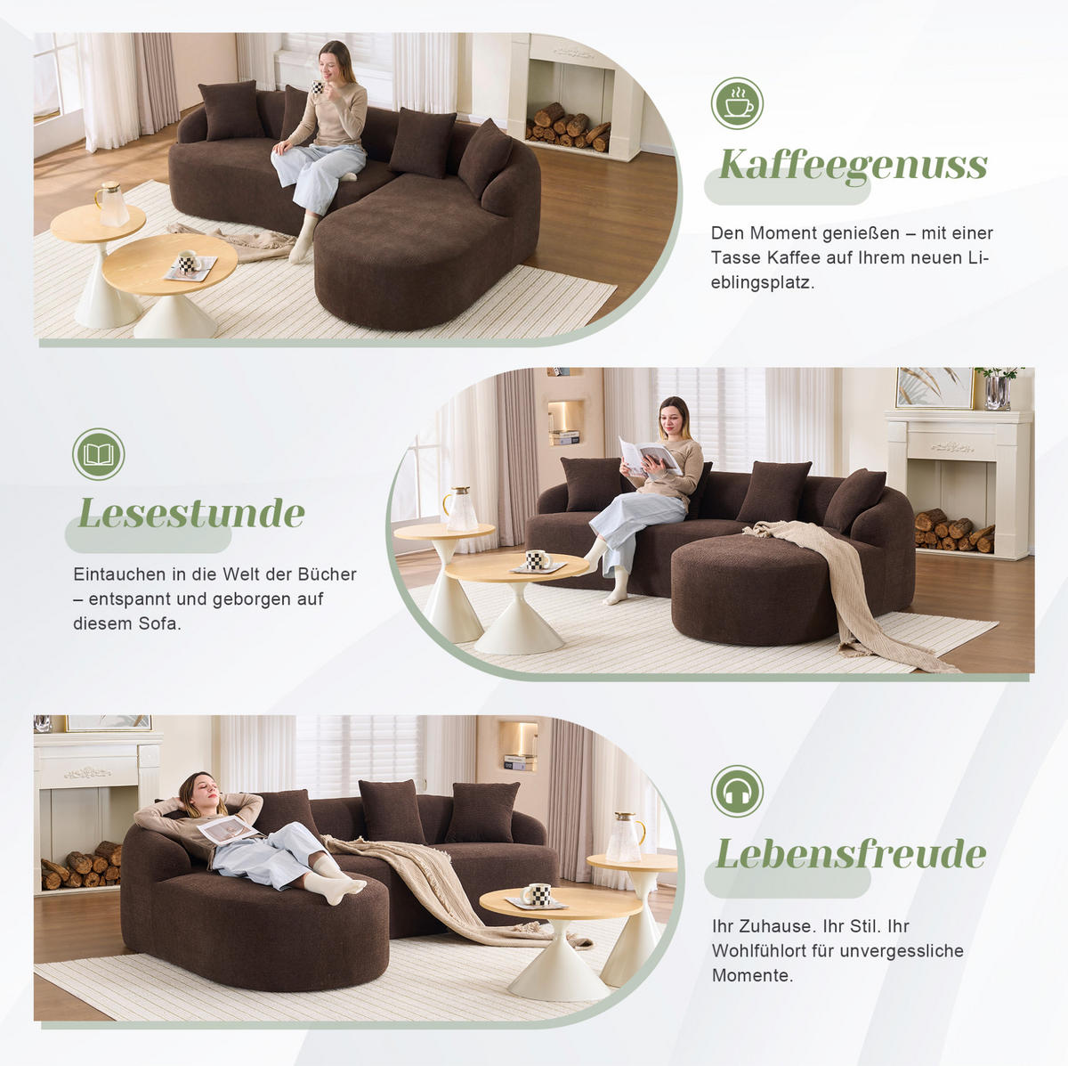 SOFA 3-Sitzer bogenförmig Chenille Braun - Braun, Textil (150/243cm) - Meubliv
