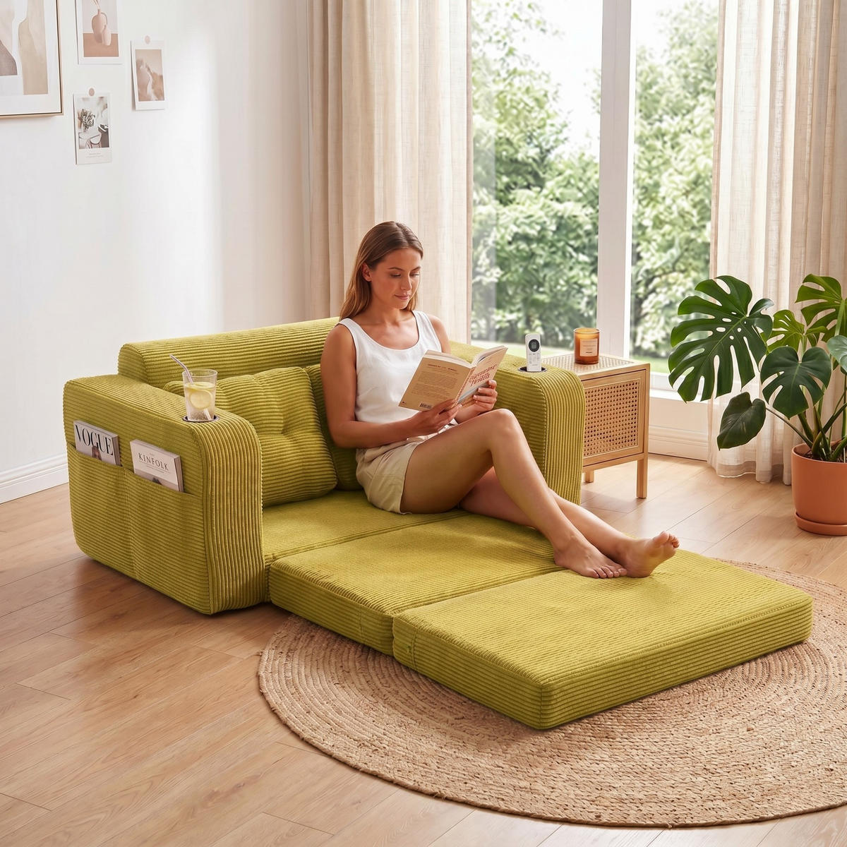 SCHLAFSOFA 2-Sitzer Sofa mit 2 Zierkissen,Lounge Sofa,Polstersofa,Cord,Grün - Grün, Textil (136/82.5/80cm) - LVHOM