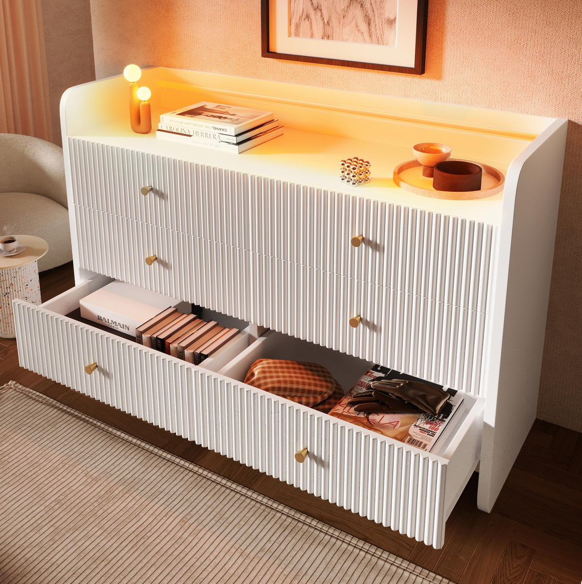 SIDEBOARD mit LED-Beleuchtung 120 x 40 x 75 cm Weiß 6 Schubladen - Weiß, Holzwerkstoff (120/75/40cm) - Meubliv