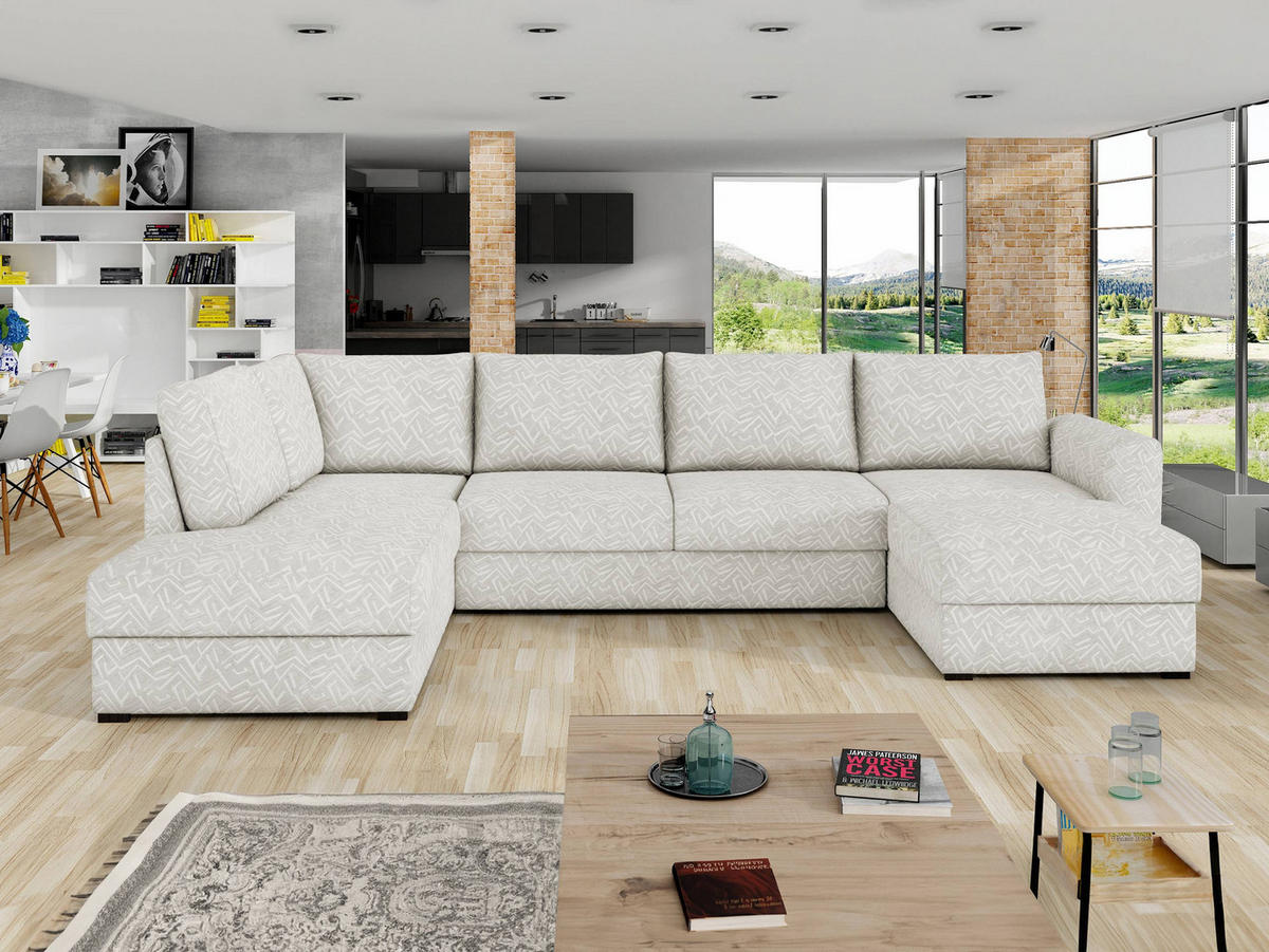 WOHNLANDSCHAFT Wilma Premium, Seite: Links - Ecru/Schwarz, Holz/Textil (305/85/188cm) - MIRJAN24