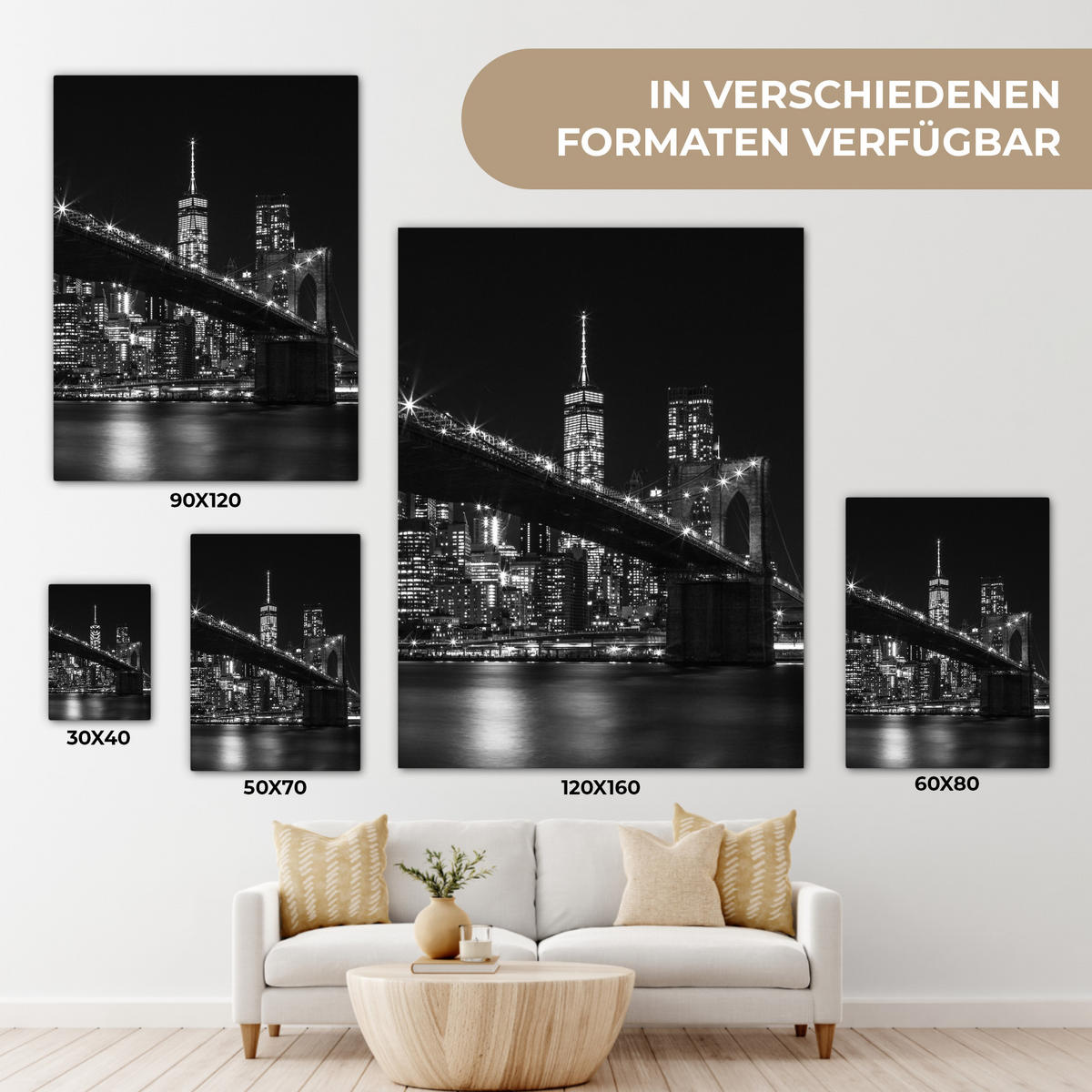 LEINWANDBILD New York - Brooklyn - Brücke 30x40 cm - Schwarz, Textil (30/40cm) - MuchoWow