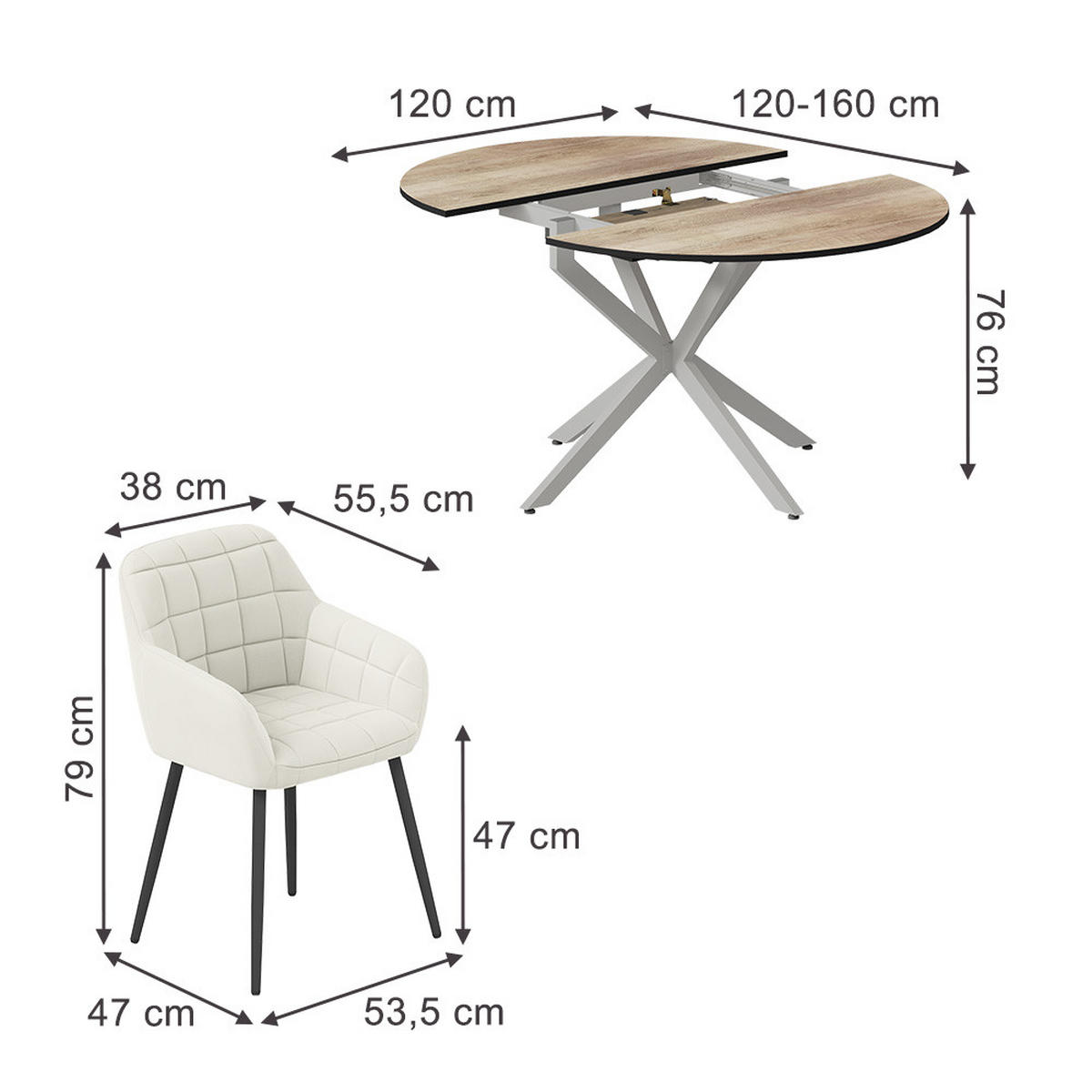 ESSTISCH-SET Loyd, Eiche rustikal/Grau, 120 x 120 cm mit 4 Esszimmerstühlen (Beige) - Wildeiche/Grau, Holzwerkstoff (120/76.5/120cm) - Vicco