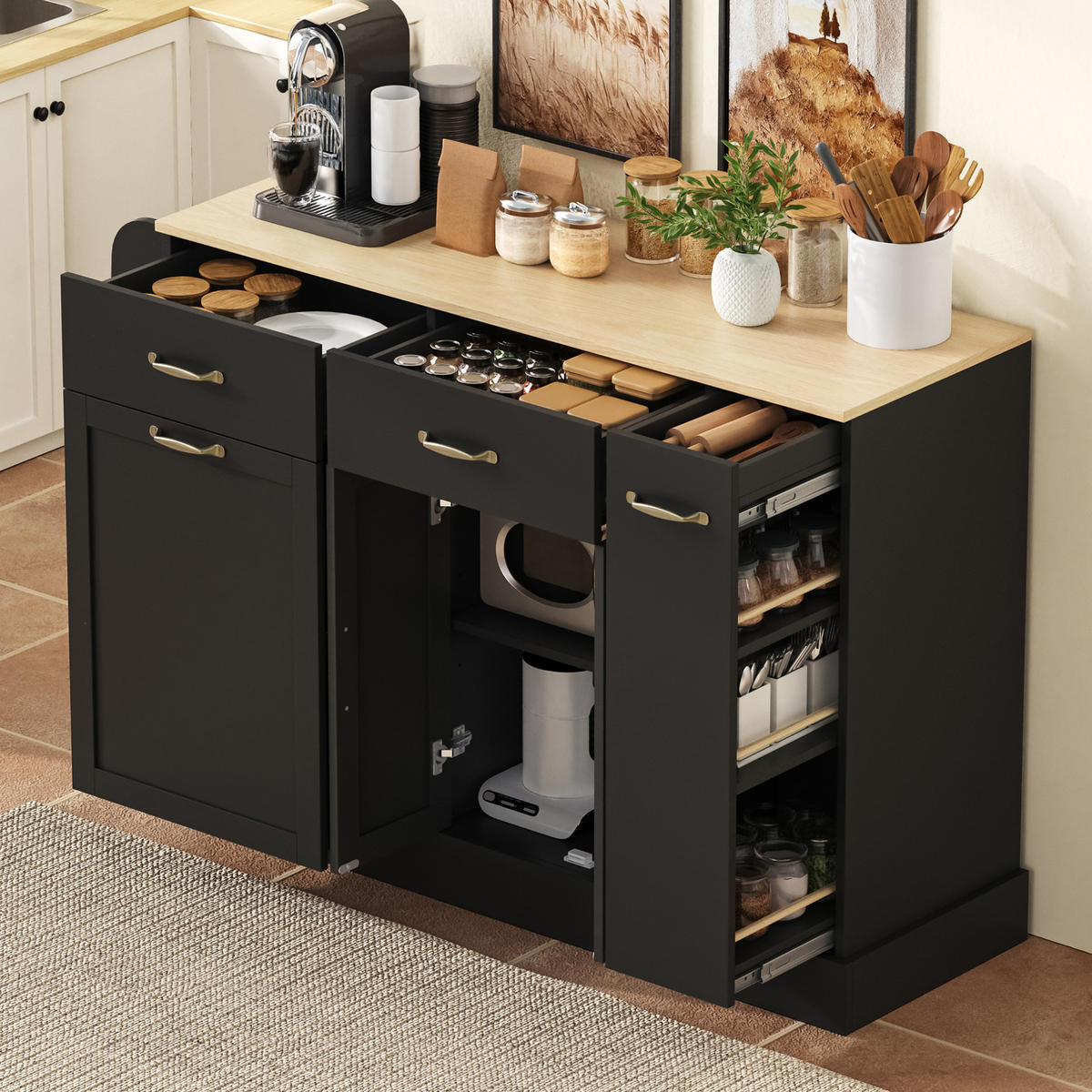 SIDEBOARD mit Mülleimerfach 133,5 x 40 x 86 cm Schwarz Holzoptik - Schwarz, Holzwerkstoff (133.5/86/40cm) - Meubliv