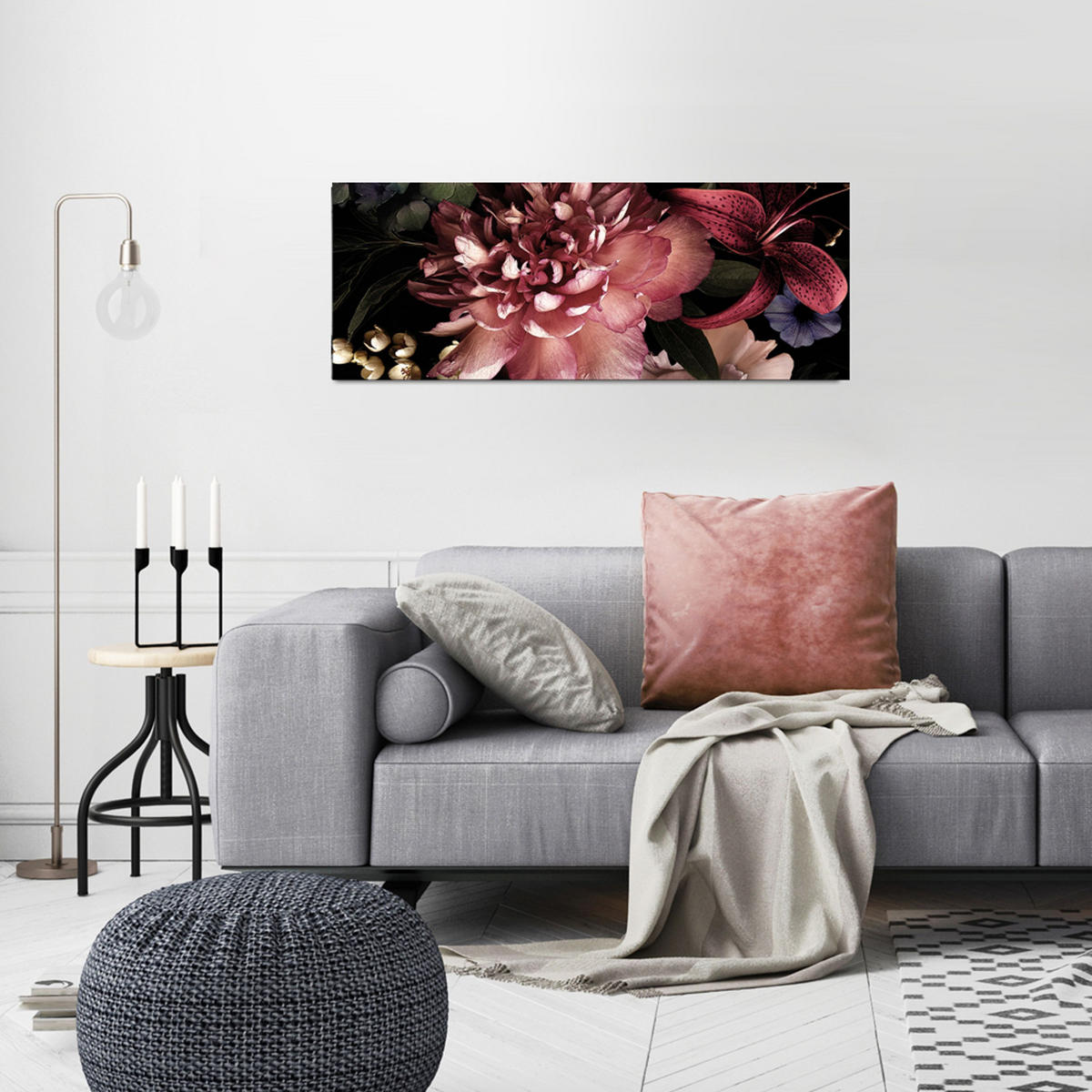 GLASBILD 80x30 cm Vintage Blumen dunkel - Schwarz/Rosa, Glas (80/30cm) - artissimo