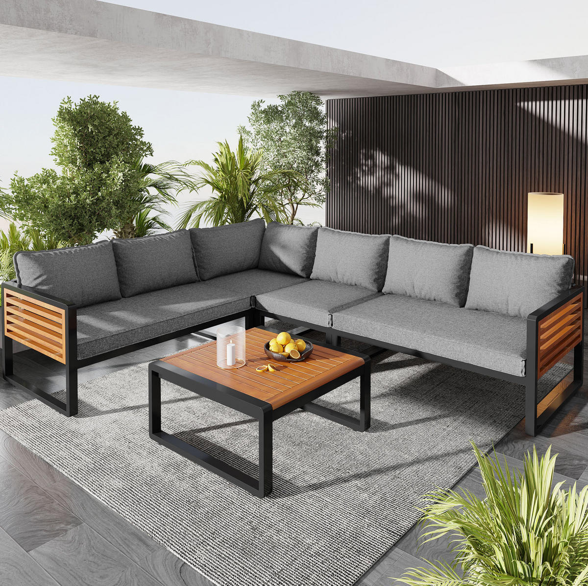 GARTENLOUNGE 110/60/63 cm grau aus Metall und Polyester 5-teilig flexibel kombinierbar - Grau, Metall - OKWISH