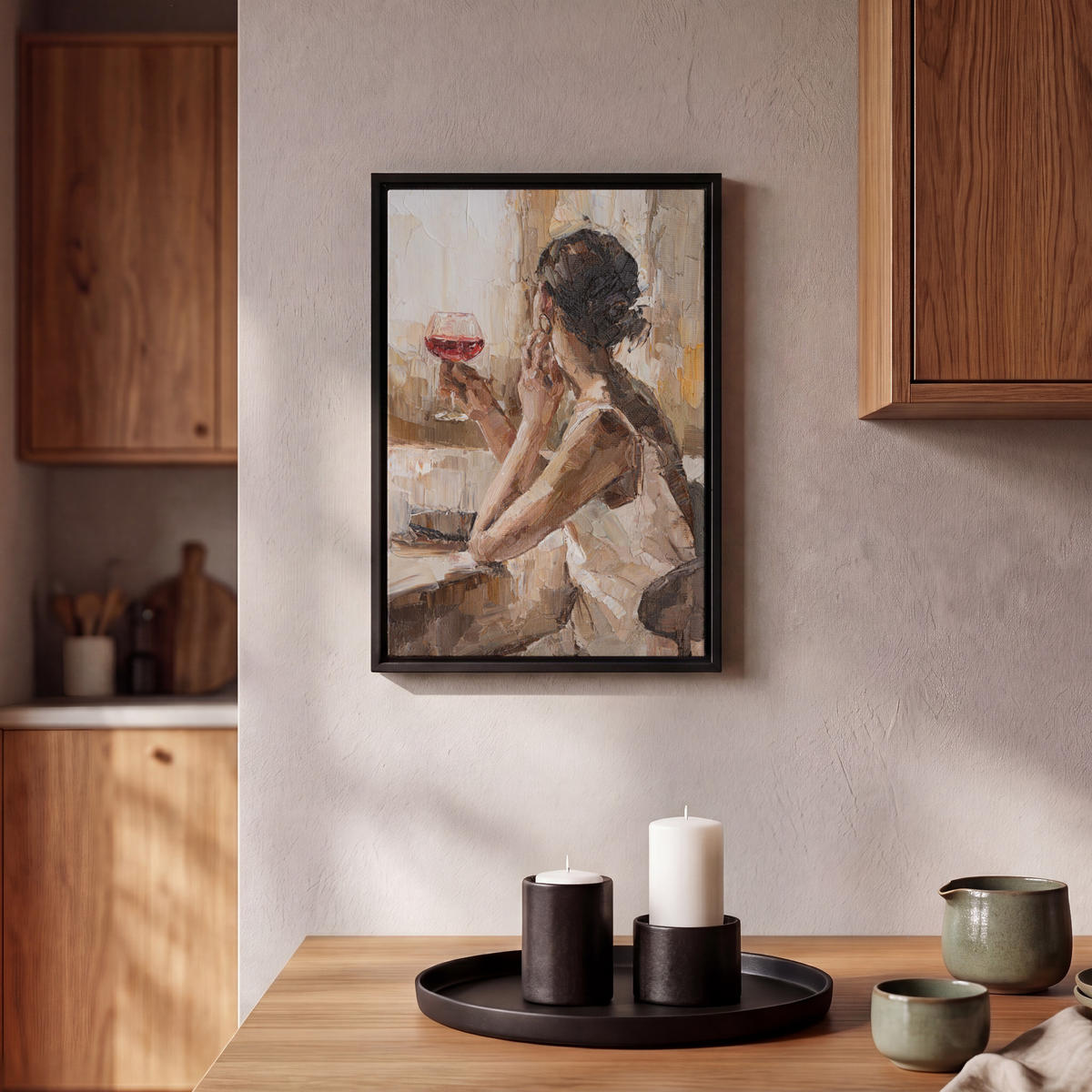 LEINWAND Bilder mit Rahmen - Ölgemälde - Frau - Wein - 20x30 - Hellbraun, Textil (20/30cm) - MuchoWow