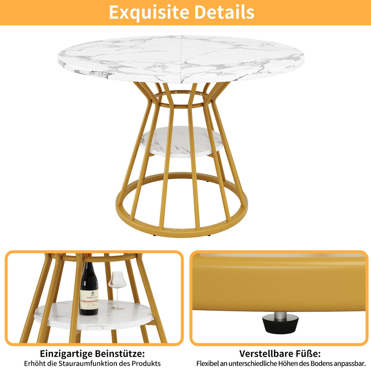 ESSTISCH 100/100/76 cm gold mit Ablagefläche und verstellbaren Füßen aus MDF und Metall - Goldfarben, Holzwerkstoff (100/100/76cm) - OKWISH