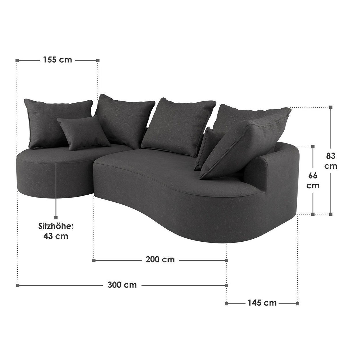 SOFA Tirano Samt Dunkelgrau mit Ottomane links - Dunkelgrau, Textil (102/300cm) - Juskys