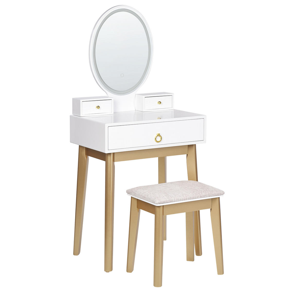 SCHMINKTISCH mit ovalem LED-Spiegel Hocker 3 Schubladen weiß/gold Rosey - Beige/Goldfarben, Holzwerkstoff (58/135/40cm) - Beliani