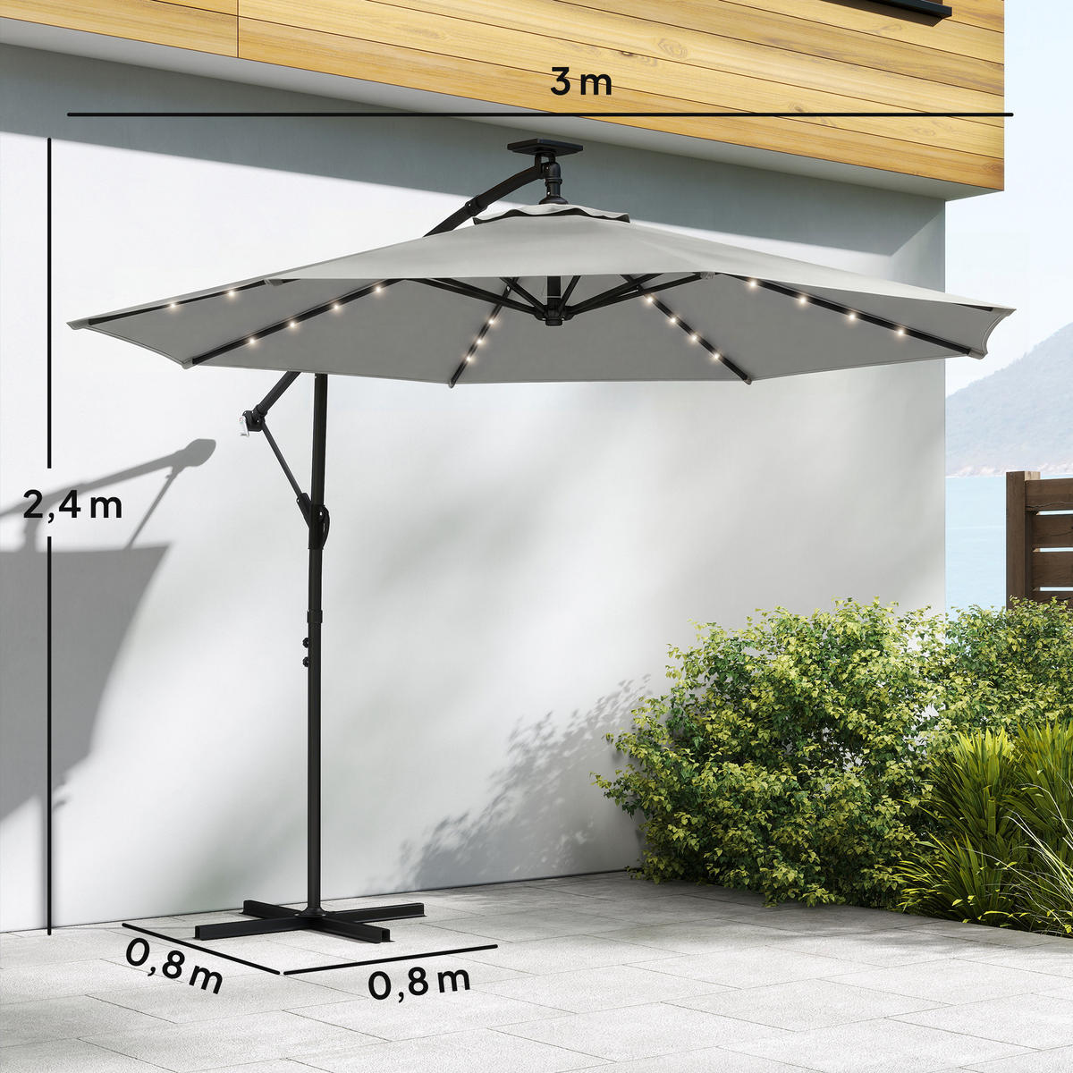 AMPELSCHIRM mit Solar LED aus Polyester Hellgrau Ø300 cm - Hellgrau, Textil/Metall (300/300cm) - Outsunny