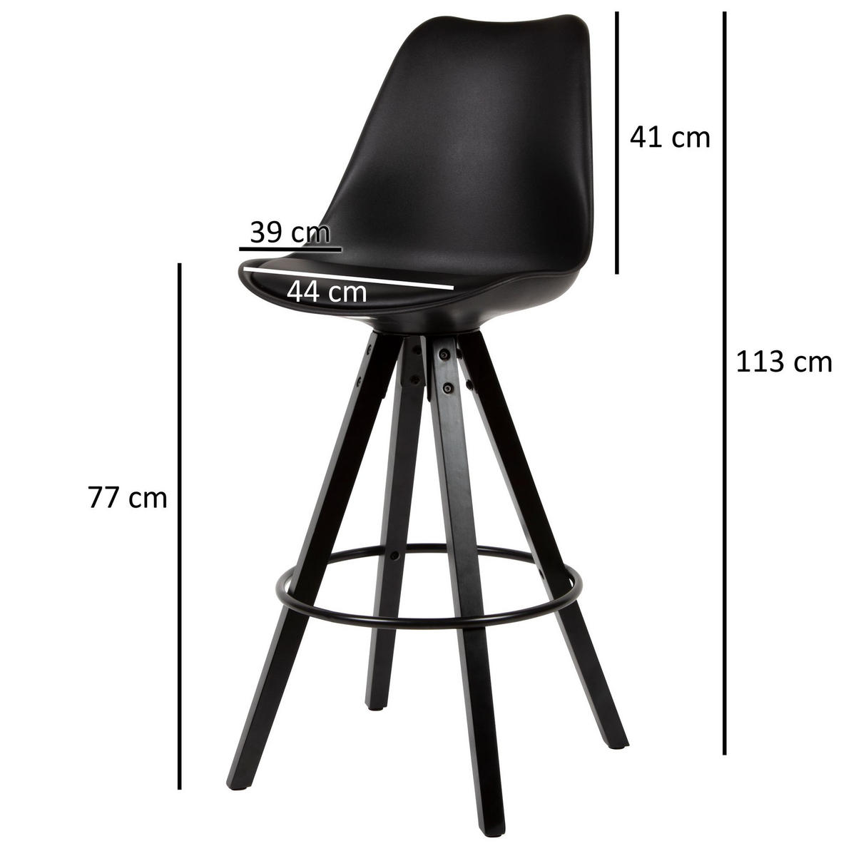 BARHOCKER – Skandinavisch, Kunstleder, Rückenlehne, X-Beine mit Metallring - Schwarz, Holz/Kunststoff (49/113/53cm) - KADIMA DESIGN