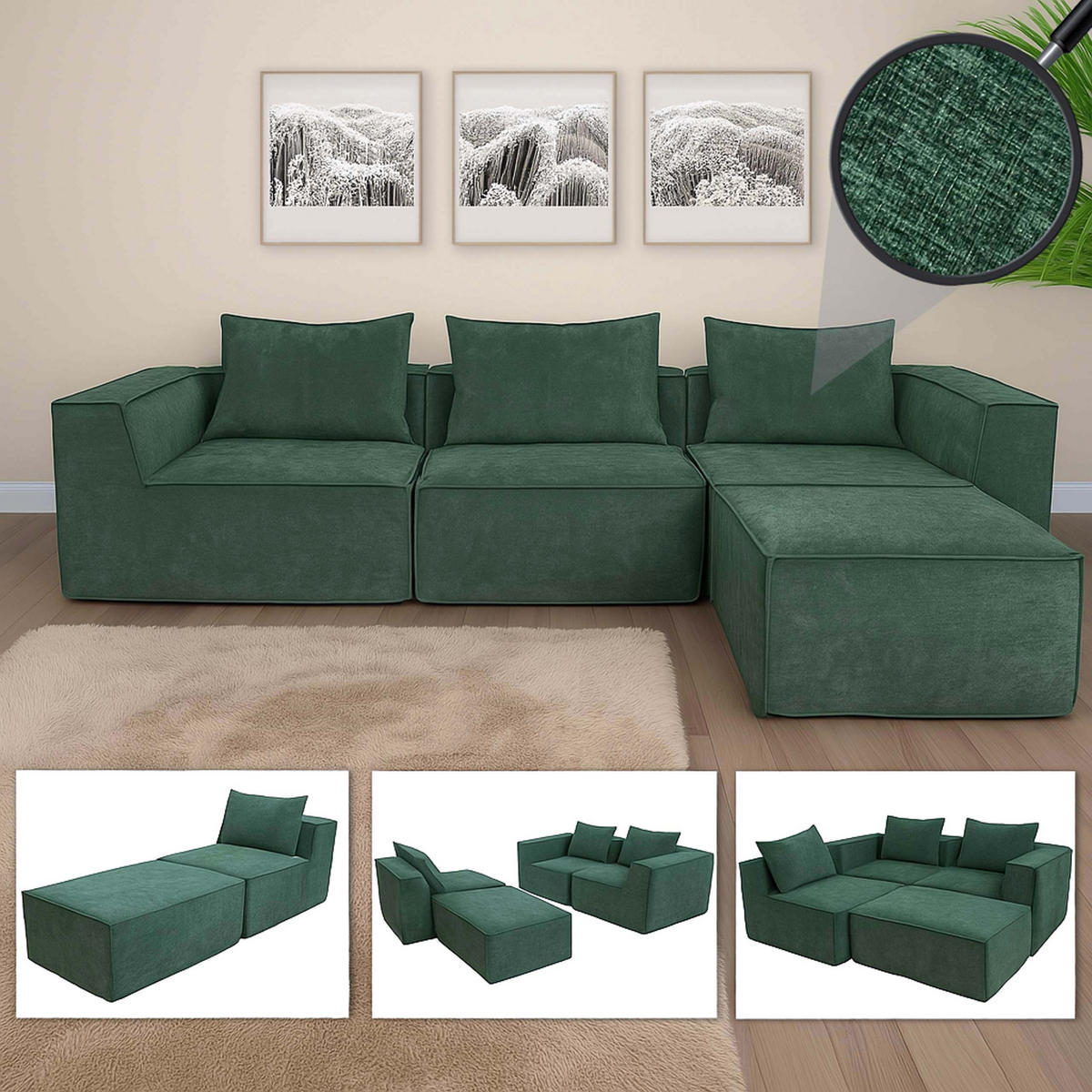 SOFA-GARNITUR Grün - Grün, Textil (270/63/190cm) - MCW
