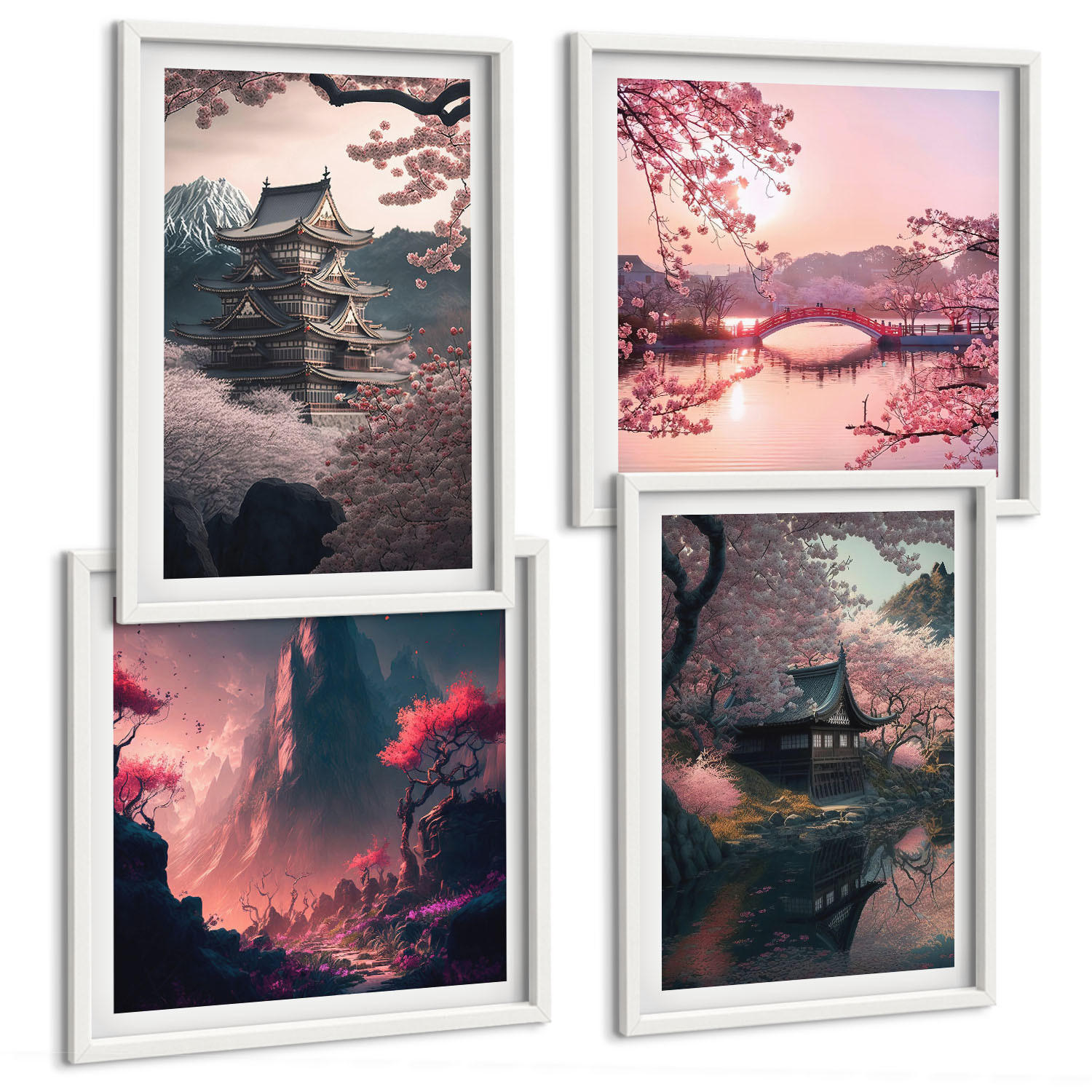 BILDER SET 4er Set - 50x50 cm & 40x60 cm Weißer Rahmen - Fantasielandschaften Japans - Weiß, Kunststoff (50/50cm) - TULUP
