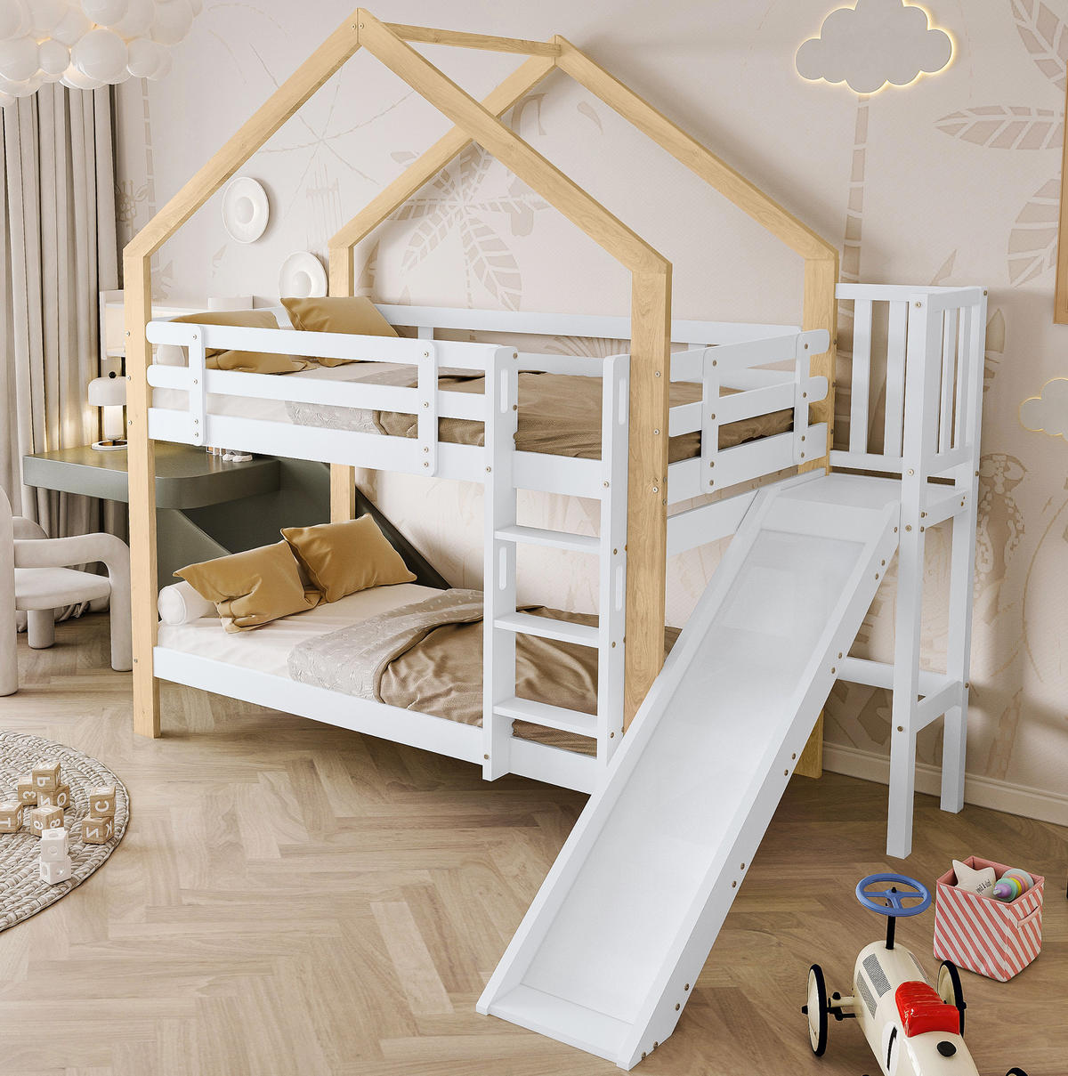 ETAGENBETT aus Kiefer und MDF 90x200 cm Weiß/Natur mit Rutsche, Hausdach und Absturzsicherung - Weiß, Holzwerkstoff (90/200cm) - Modfu