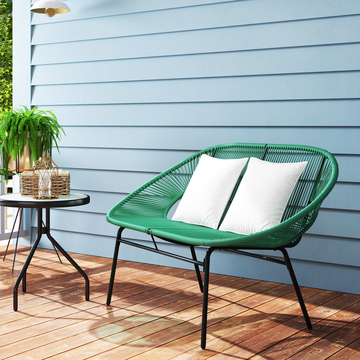 GARTENBANK 2-Sitzer DE-13604 2-Sitzer mit Seilgeflecht, 2 Kissen Dunkelgrün - Dunkelgrün, Metall (132/83/72cm) - ComfortXL
