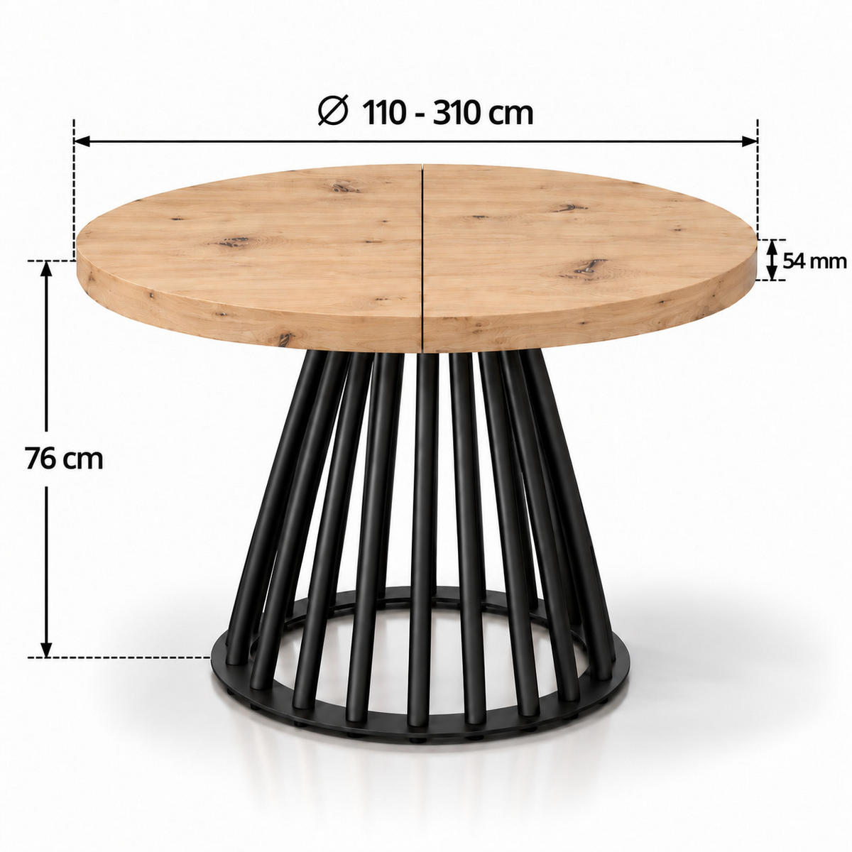 ESSTISCH rund ausziehbar 110/310/76 cm, Eiche Artisan, 54 cm Tischplatte + Lamellen-Metallgestell Schwarz - Schwarz/Eiche Artisan, Holzwerkstoff/Metall (110/310/76cm) - Damale Möbel