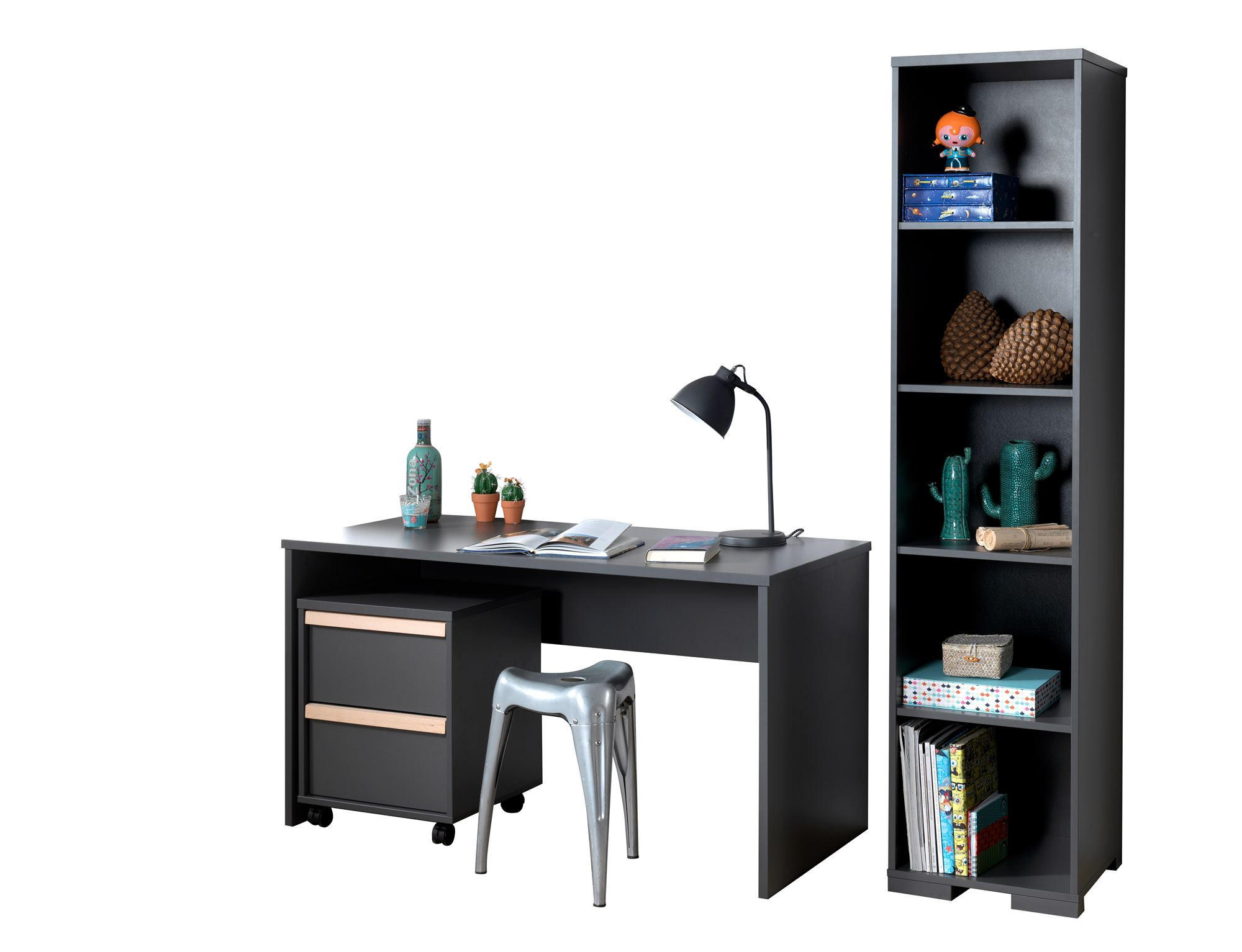 KINDERZIMMER komplett Set 3-tlg. Kariotta 28 Anthrazit Griffe Massivholz - Anthrazit, Holzwerkstoff (140/65/1cm) - 58aufmkessel