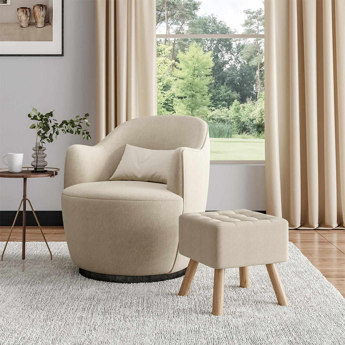 POLSTERHOCKER 39.5/39.5/40 cm Quadratisch Eichenholzbeine Leinen Beige - Beige/Naturfarben, Eichenholz/Holz (39.5/40/39.5cm) - Livingandhome
