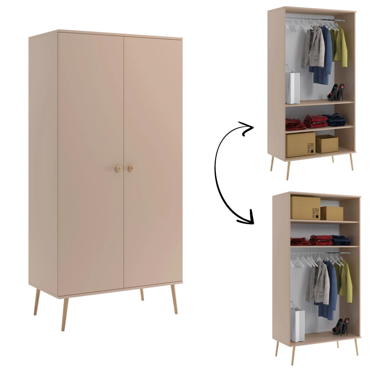 KLEIDERSCHRANK NATURA, 100 cm, Beige Macchiato, 2-türig, mit Kleiderstange - Beige, Holz (100/202/52cm) - Excellent Home