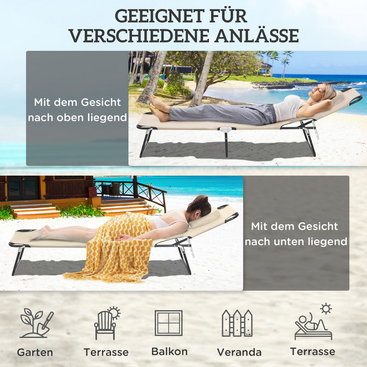 SONNENLIEGE klappbar mit Kopfkissen Beige - Schwarz Hochglanz/Beige, Textil/Metall (58/36/187cm) - Outsunny