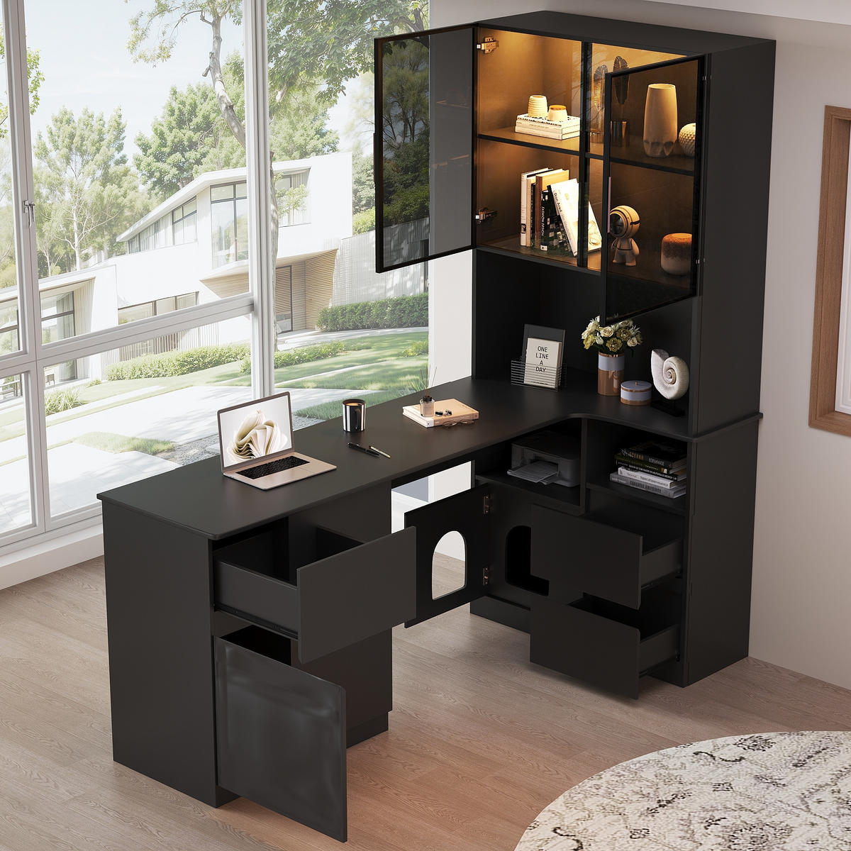 SCHREIBTISCH in Schwarz Eckschreibtisch mit Regal und LED-Vitrine für Wohnzimmer und Schlafzimmer, B120/T80/H180 cm - Transparent/Schwarz, Holzwerkstoff (80/120/180cm) - STILVORA