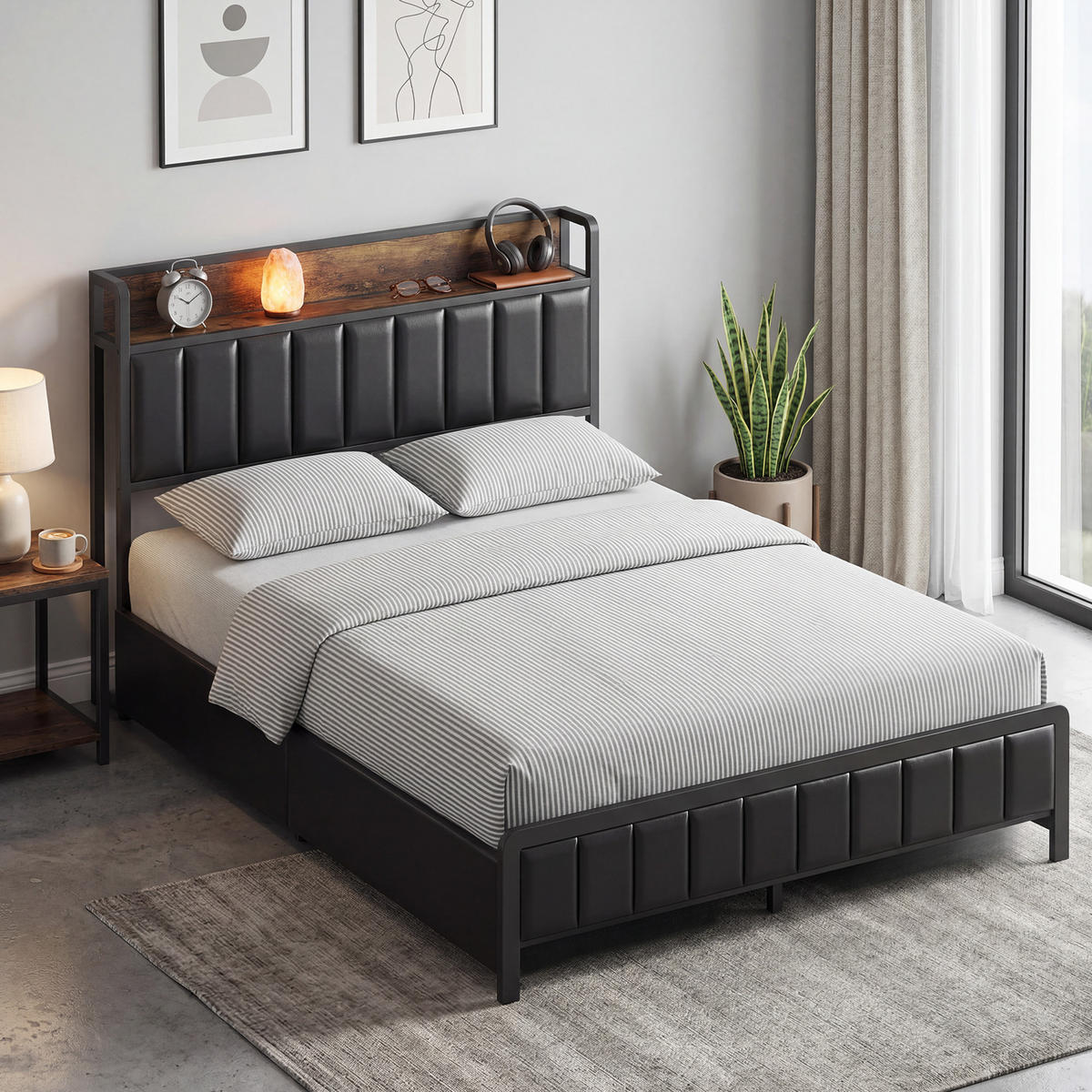BETT 140x190 cm DE-14672 mit 4 Schubladen & Ablage Schwarz - Schwarz, Metall (140/190cm) - ComfortXL