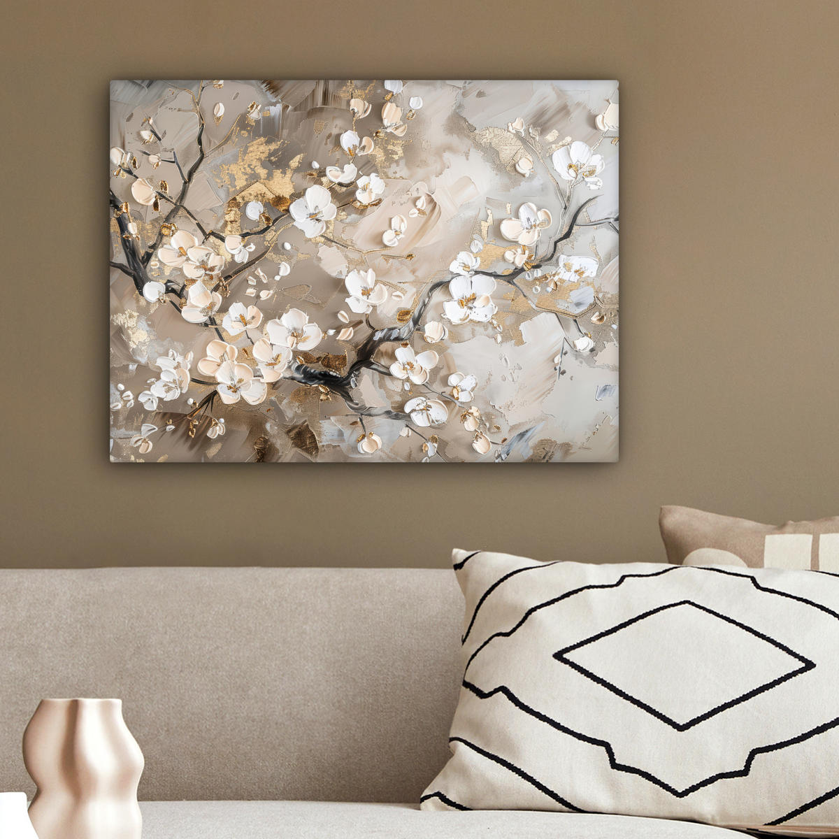LEINWANDBILD - Blumen - Weiß - Gold - Beige - Luxus - 40x30 - Wanddeko - Greige, Textil (40/30cm) - MuchoWow