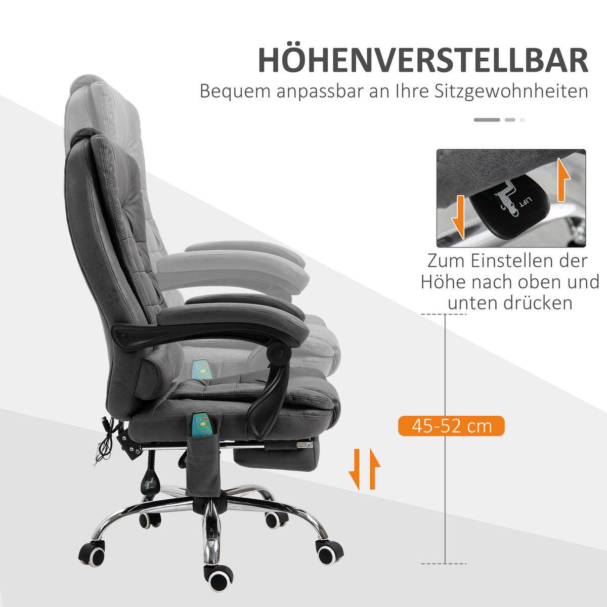 BÜROSTUHL mit Massagefunktion, Ergonomisch Schreibtischstuhl mit Liegefunktion - Blau/Silberfarben, Kunststoff/Textil (70/119/65cm) - Vinsetto