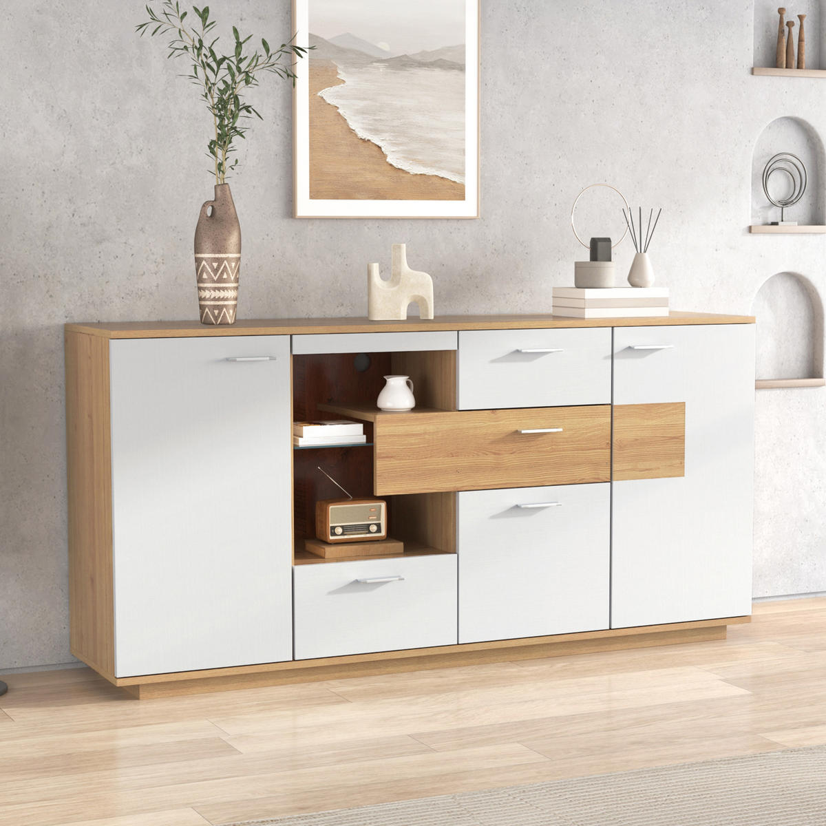SIDEBOARD 160x40x77 cm LED 2 Türen - Naturfarben, Holz (160/77/40cm) - LEBENLANG
