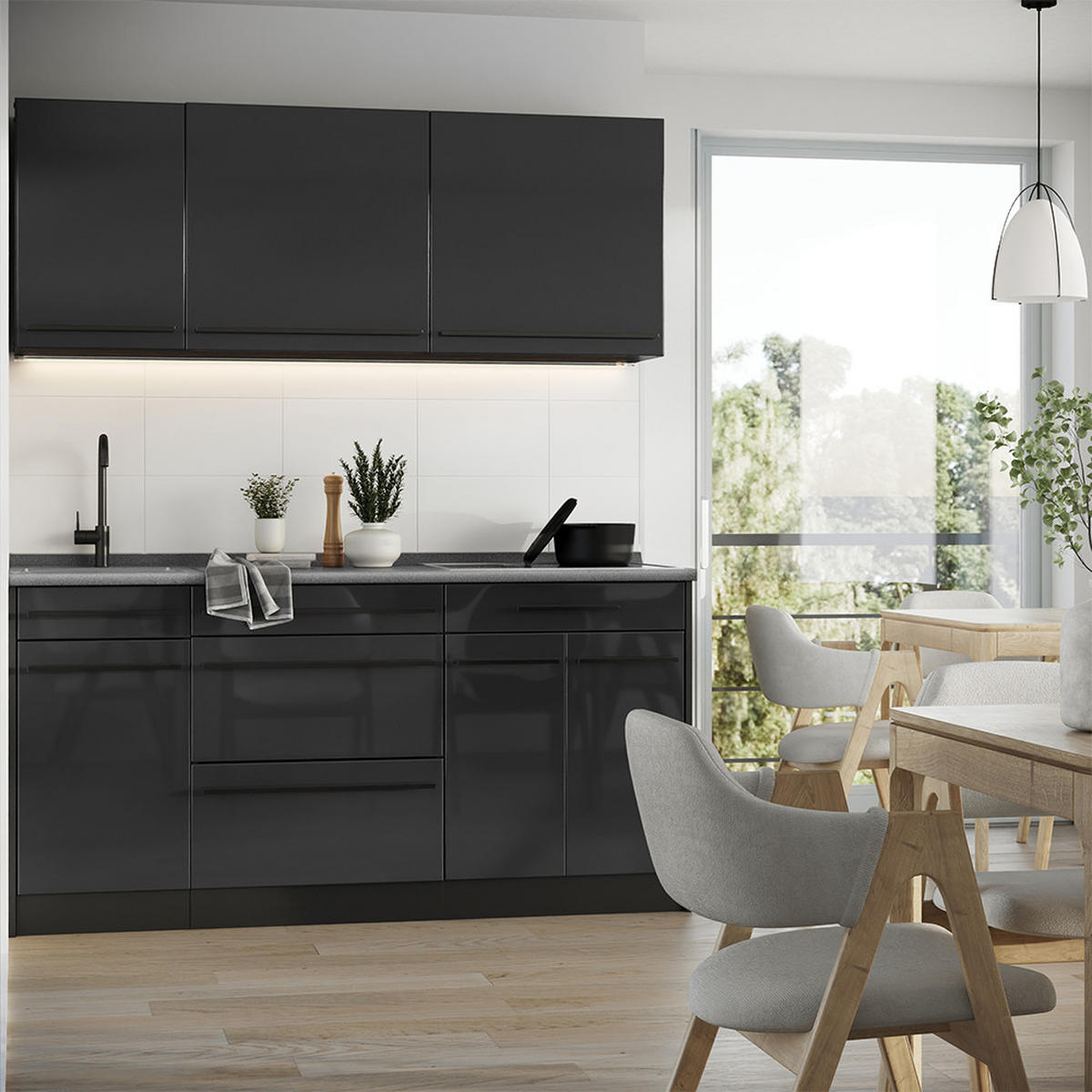 SINGLEKÜCHE R-Line, Anthrazit Hochglanz/Anthrazit, 160 cm ohne Arbeitsplatte - Schwarz Hochglanz/Anthrazit, Holzwerkstoff (160/81.6/46cm) - Vicco